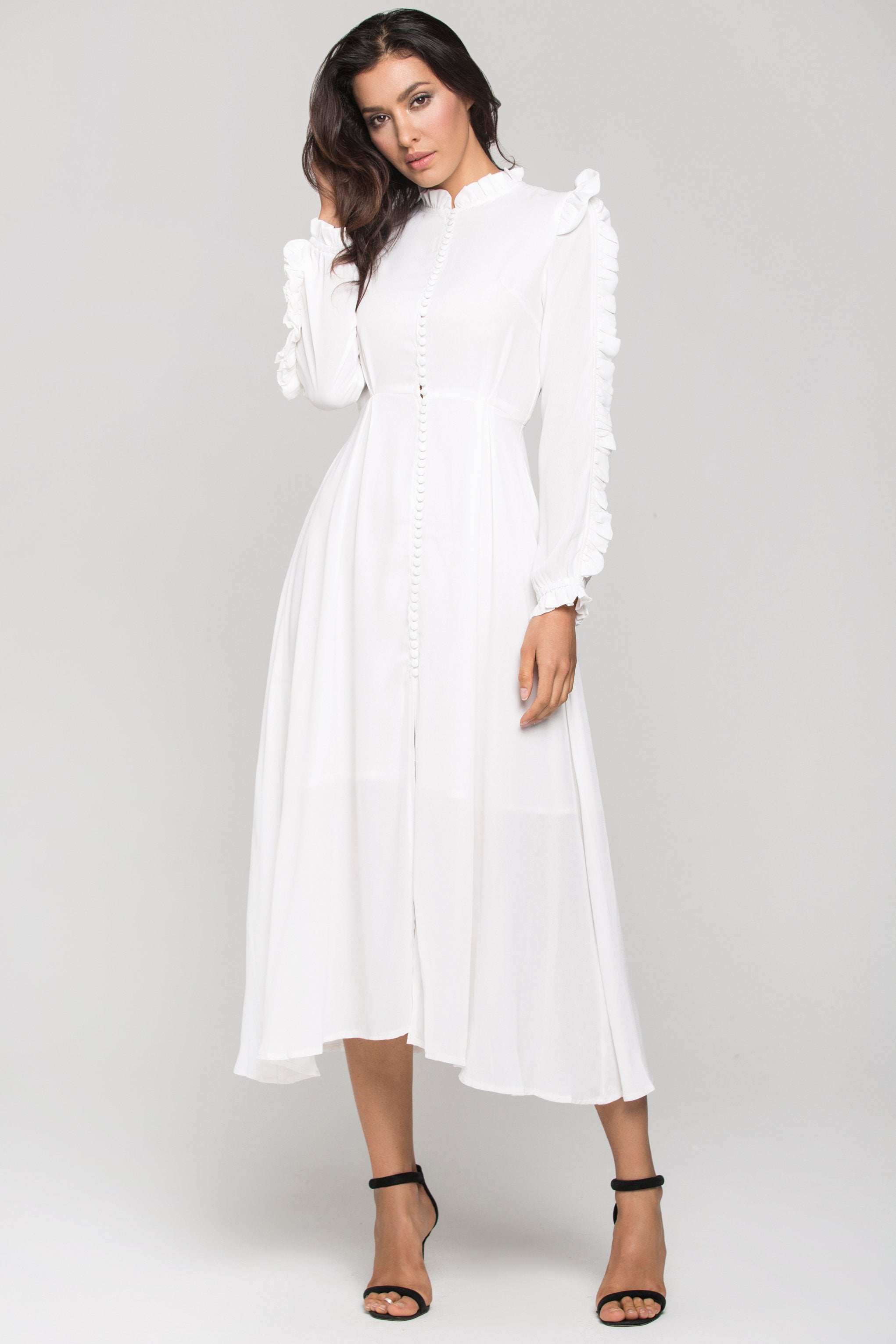 White vintage Ruffle neck Long Sleeves Midi Dress