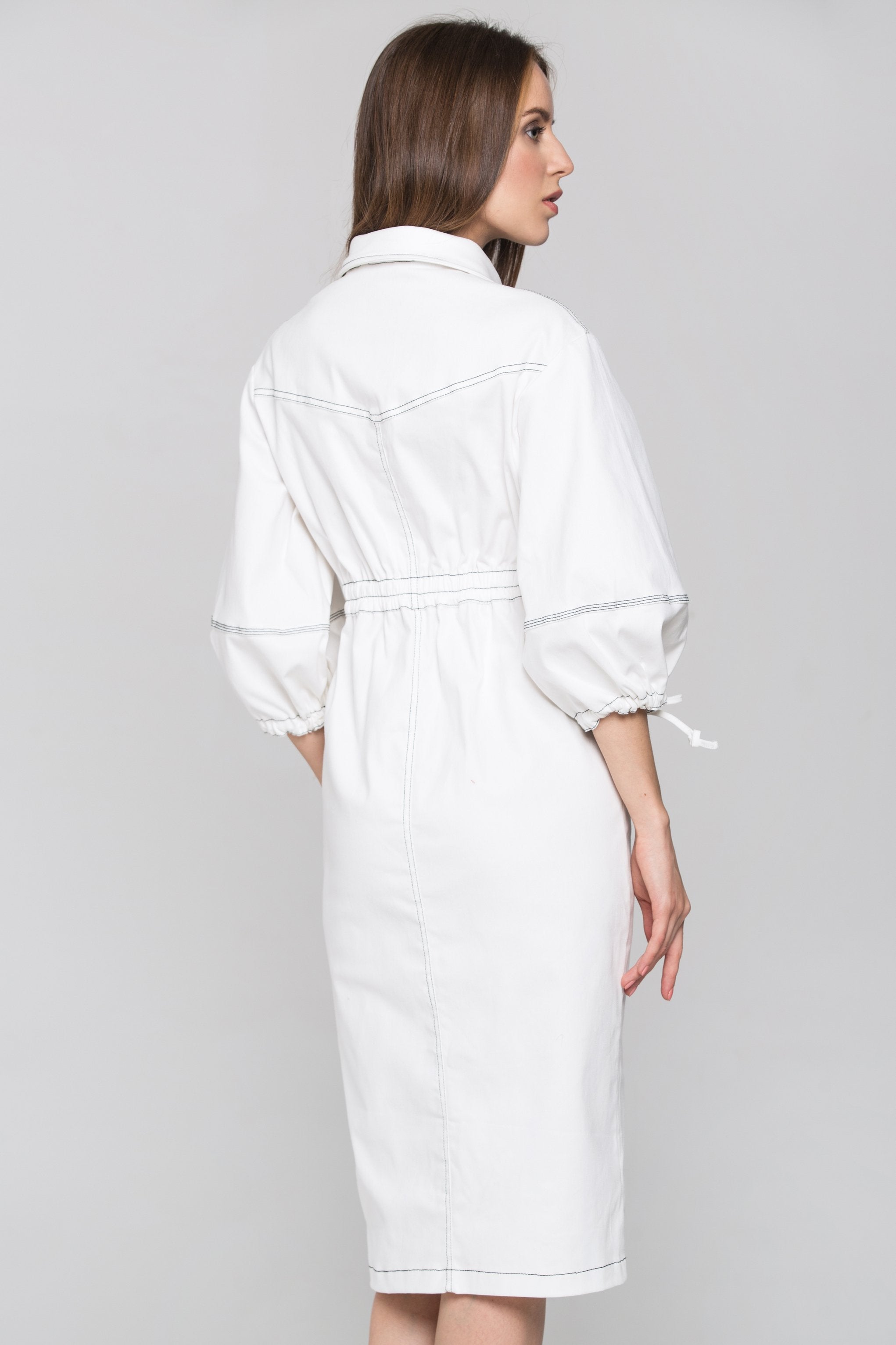 White and Black Contrast stitch Puff Sleeves Midi Shirt Dress