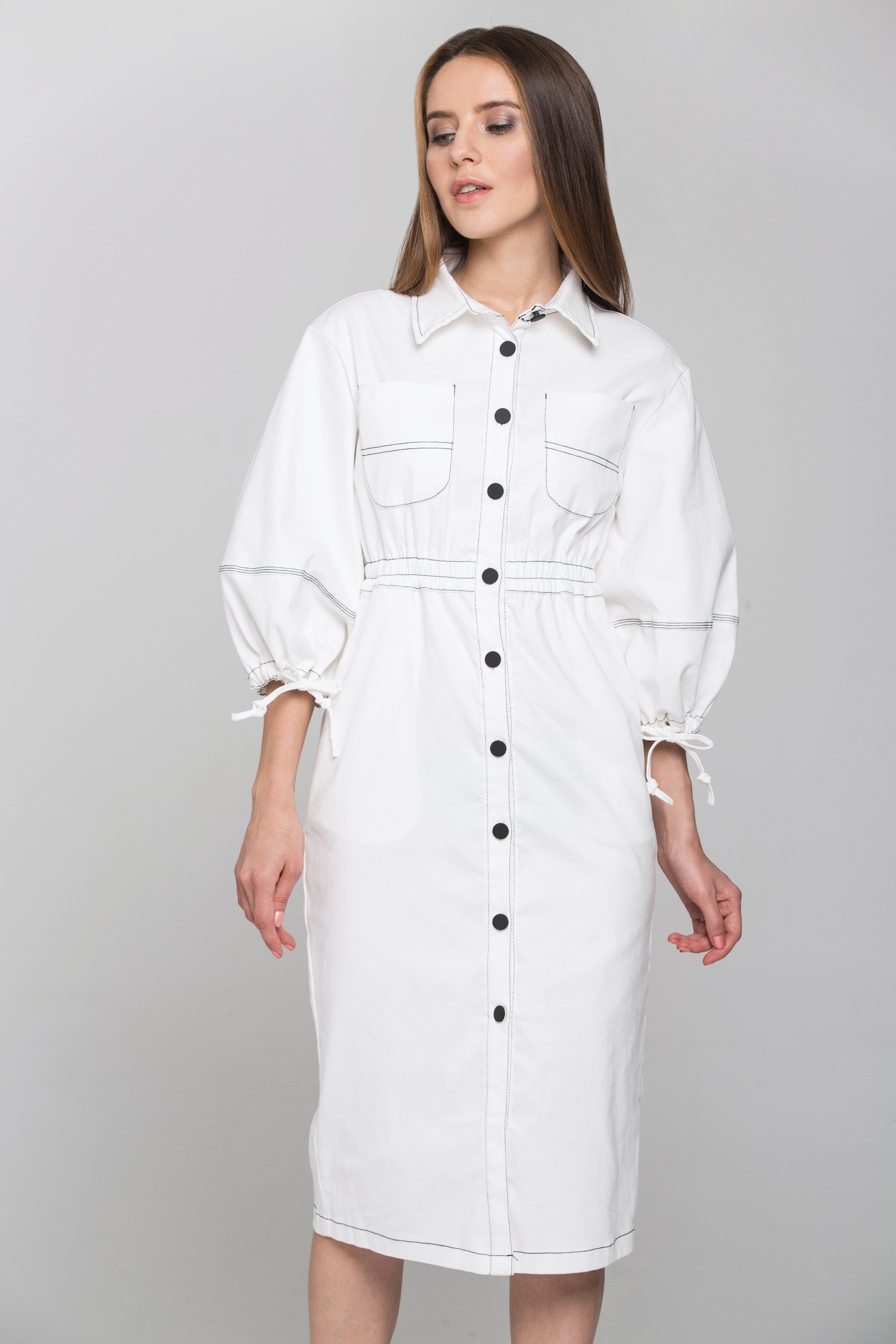White and Black Contrast stitch Puff Sleeves Midi Shirt Dress