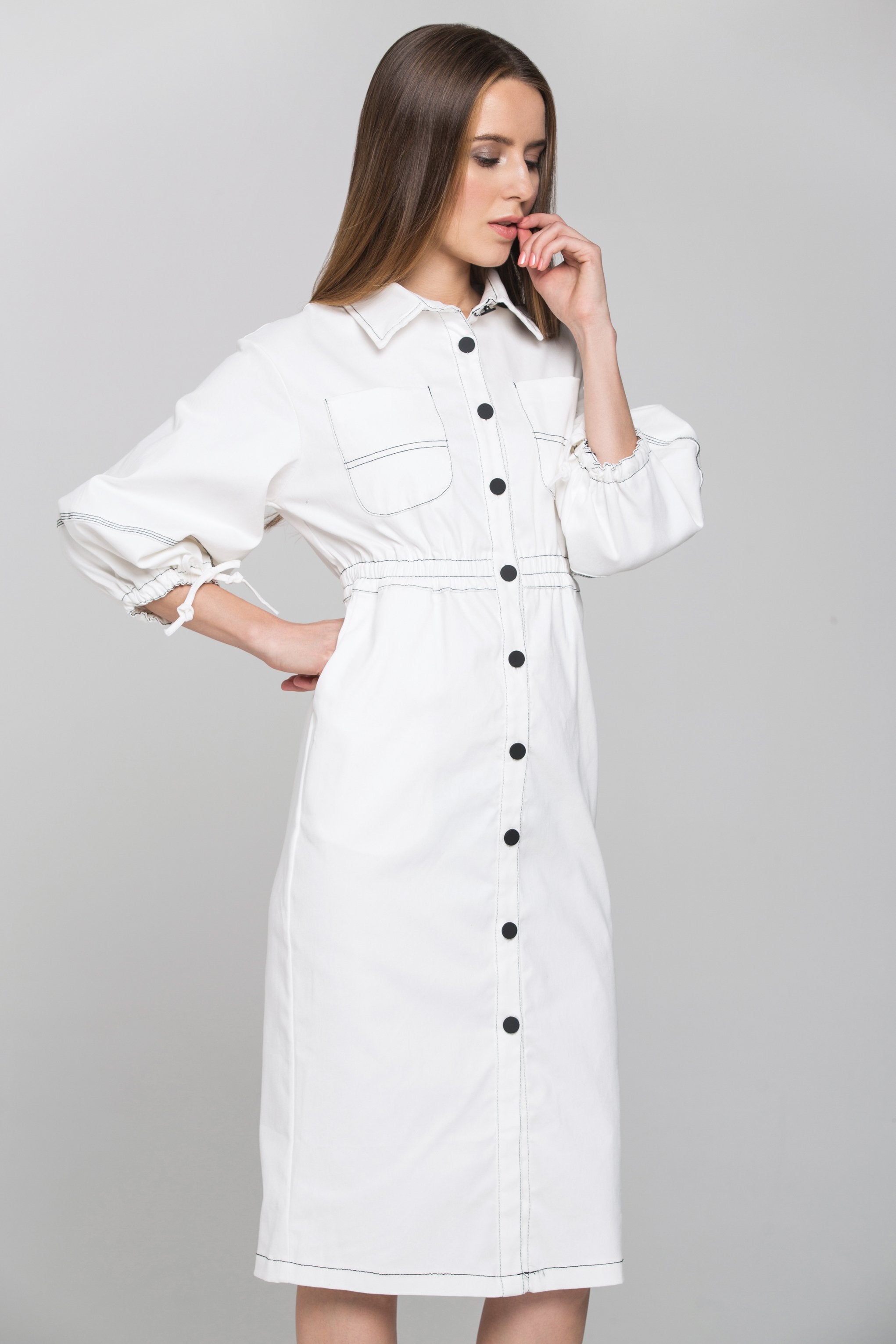 White and Black Contrast stitch Puff Sleeves Midi Shirt Dress