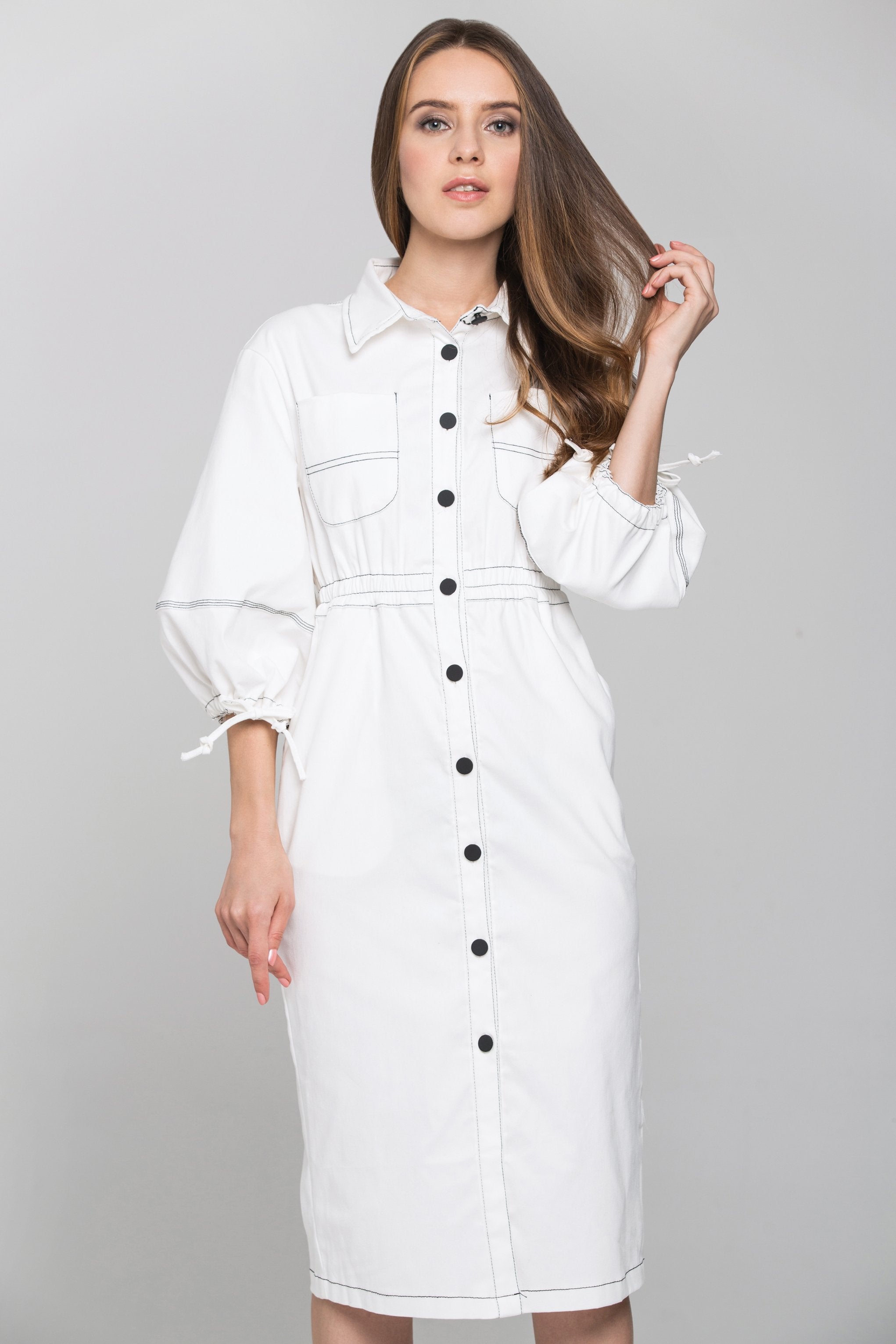 White and Black Contrast stitch Puff Sleeves Midi Shirt Dress