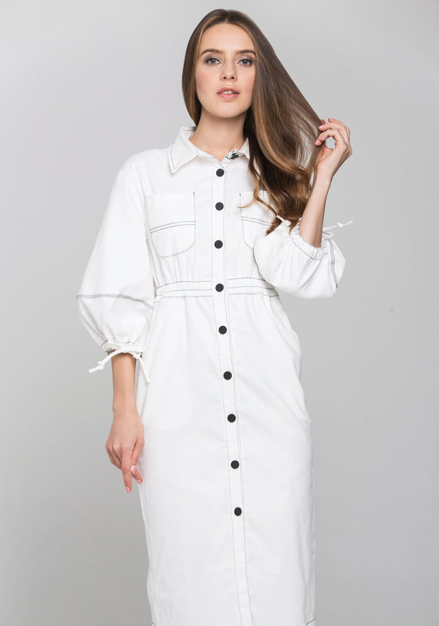 White and Black Contrast stitch Puff Sleeves Midi Shirt Dress