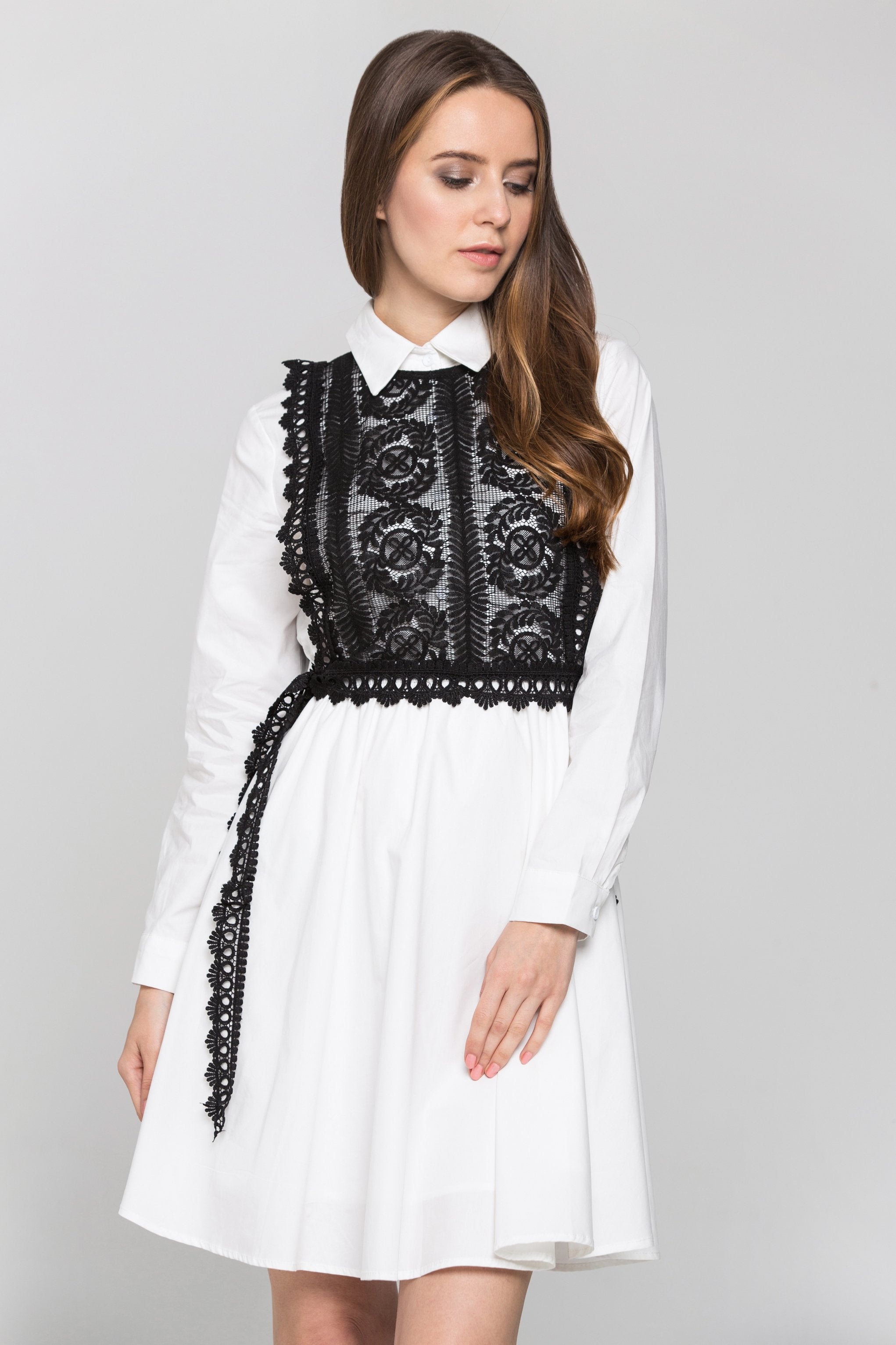 White and Black Lace Bib Midi Dress