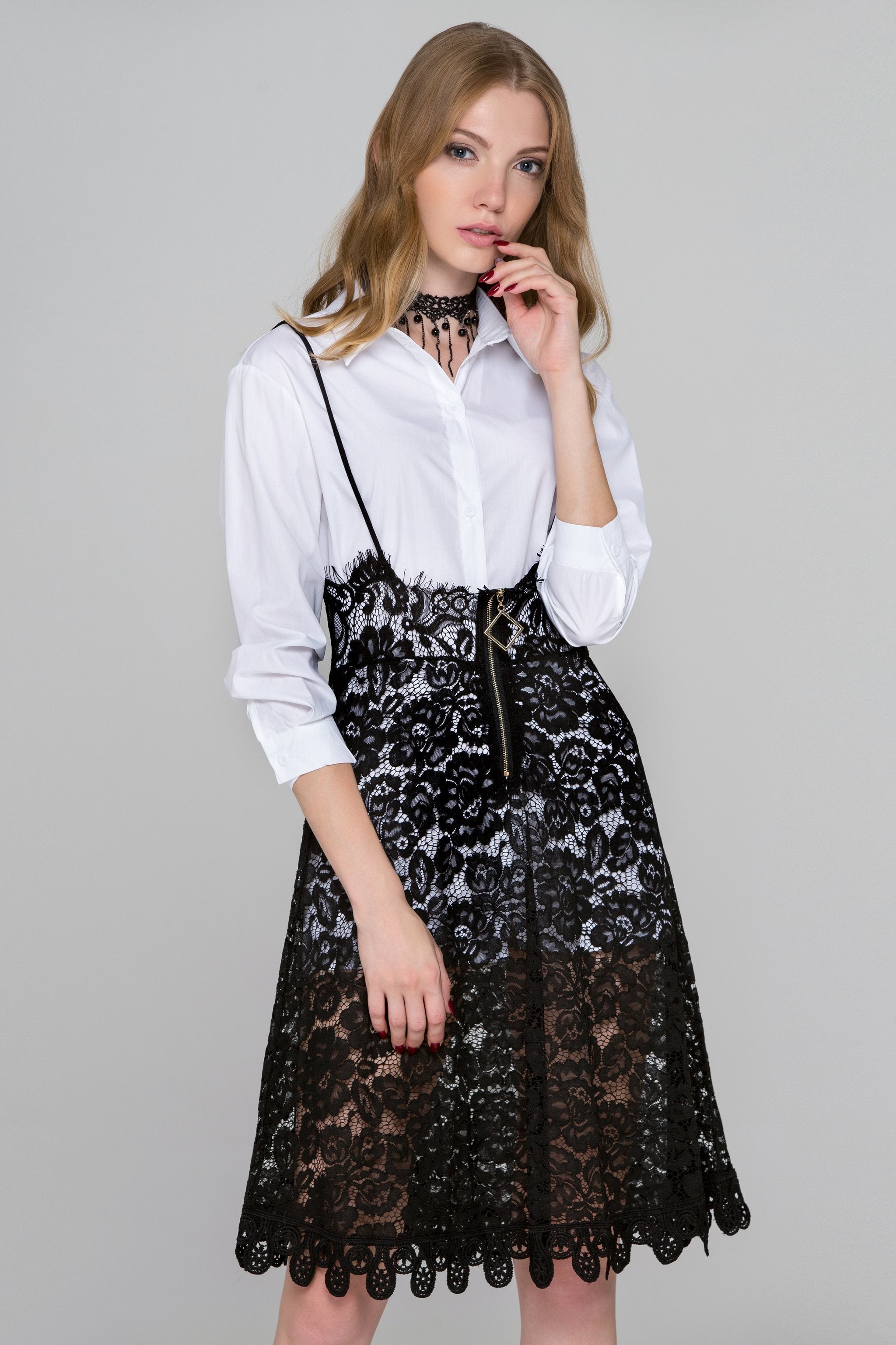 White and Black Lace Two Piece Pinafore Dress