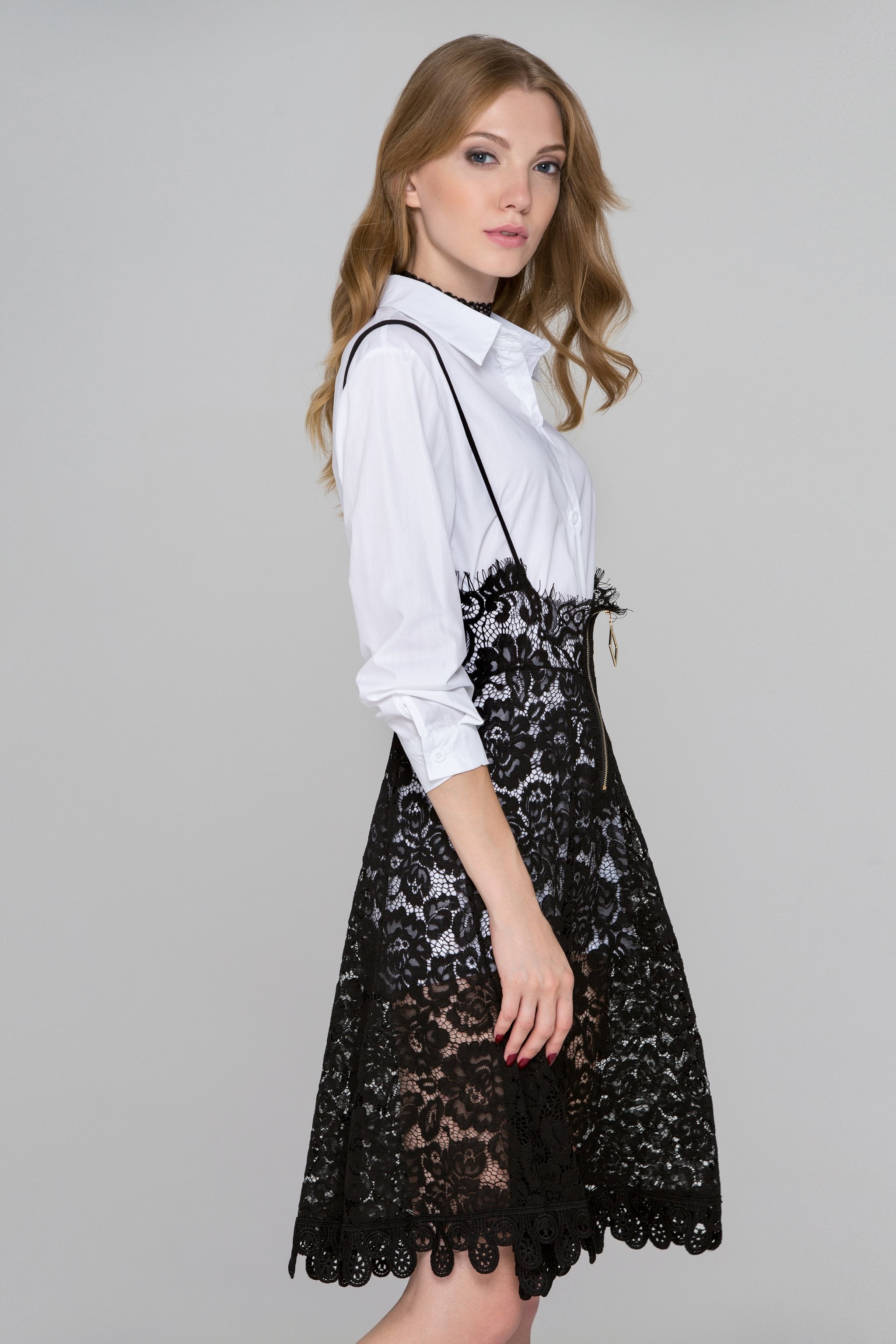 White and Black Lace Two Piece Pinafore Dress