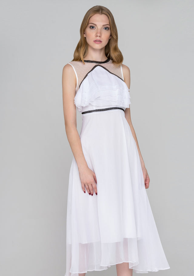 White and Black Trim Sheer Chiffon midi Dress