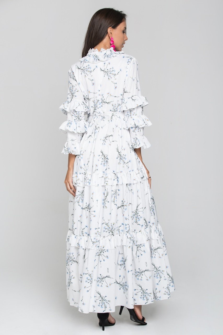 White and Blue Daisy Print Ruffled Sleeve Midi Dress
