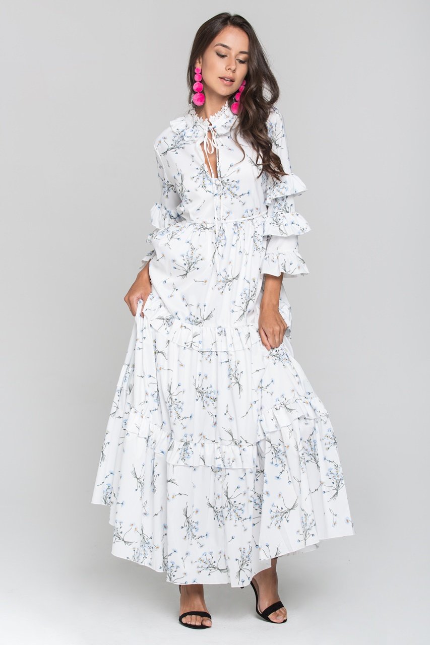White and Blue Daisy Print Ruffled Sleeve Midi Dress