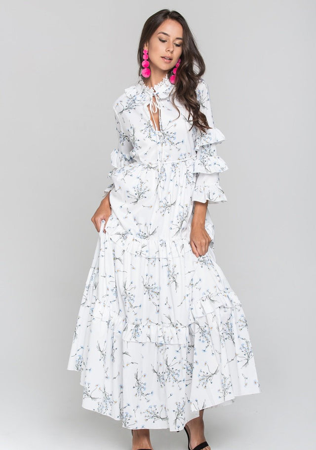 White and Blue Daisy Print Ruffled Sleeve Midi Dress