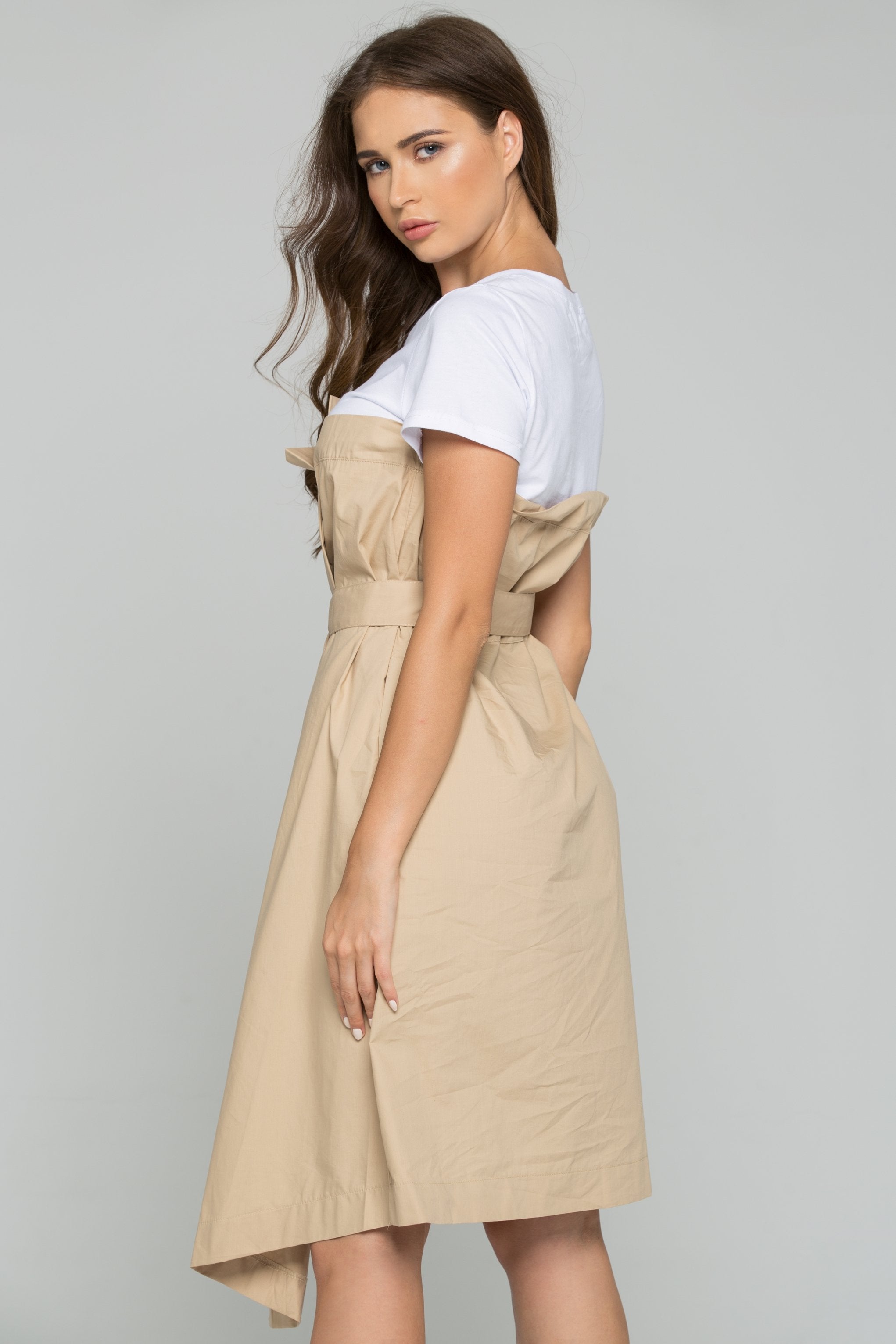 White and Khaki Button-down Belted Midi Dress