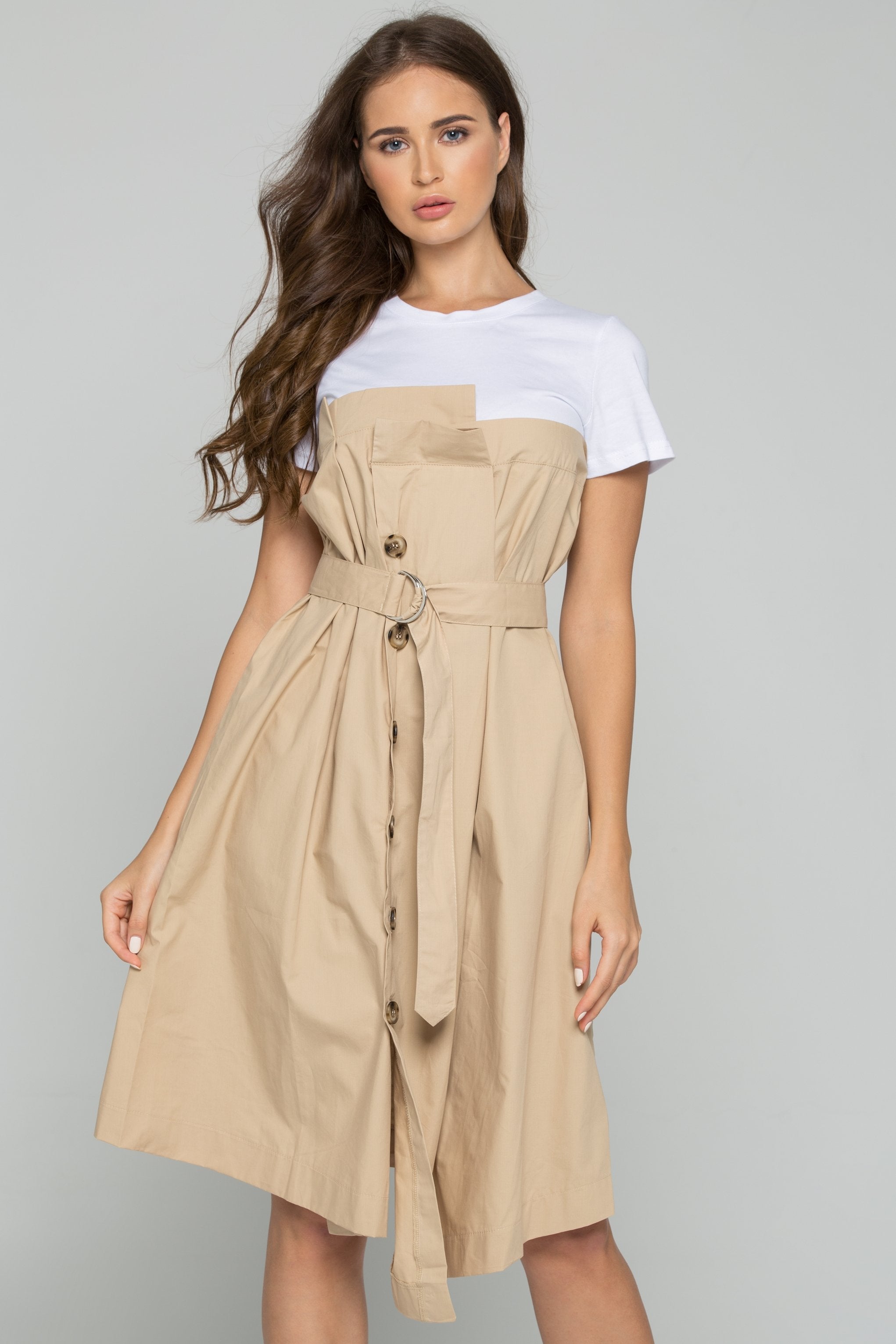White and Khaki Button-down Belted Midi Dress