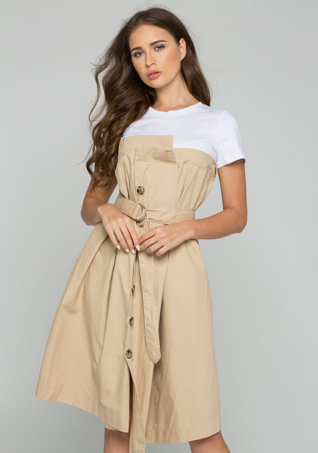 White and Khaki Button-down Belted Midi Dress