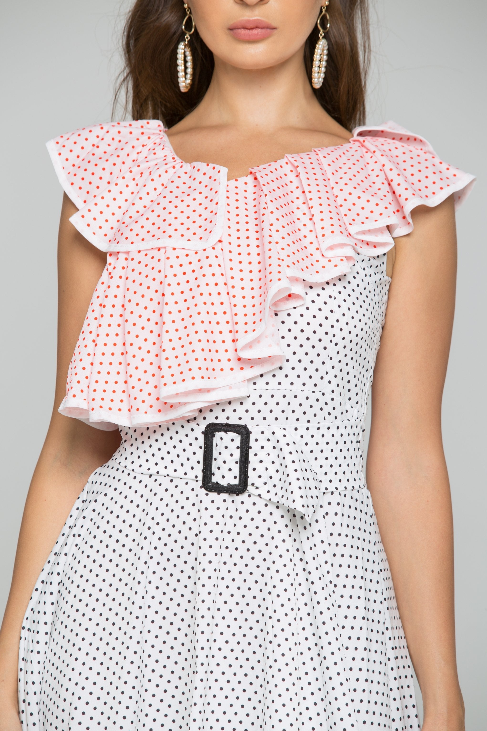White and Red Polka Dot Print Front Ruffle Belted Asymmetrical Midi Dress