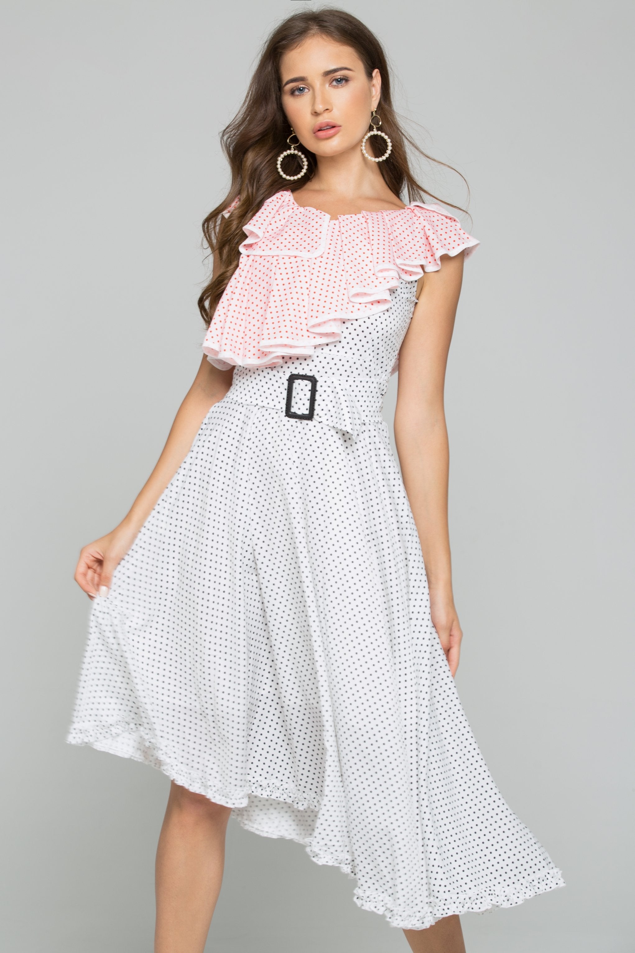 White and Red Polka Dot Print Front Ruffle Belted Asymmetrical Midi Dress