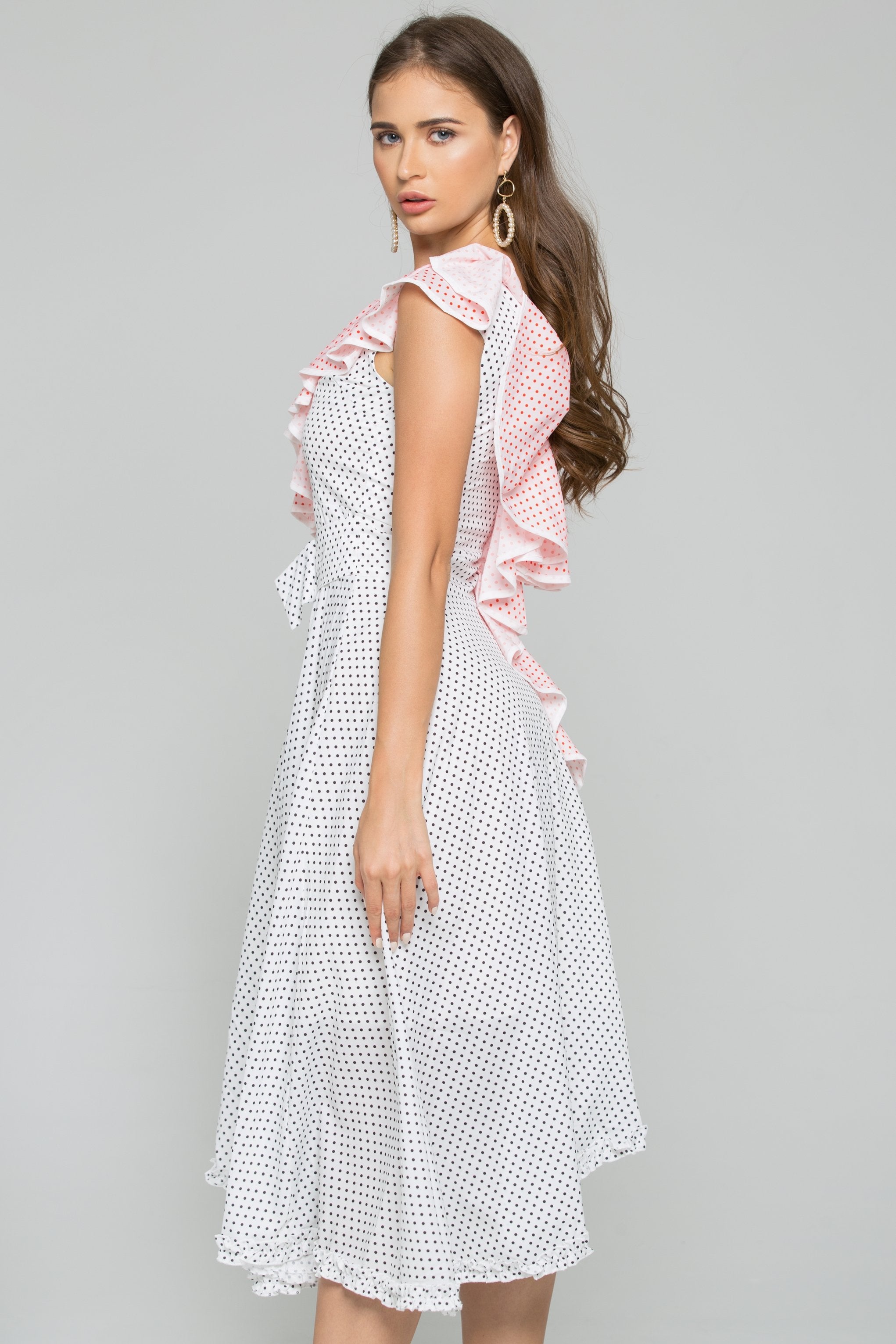 White and Red Polka Dot Print Front Ruffle Belted Asymmetrical Midi Dress