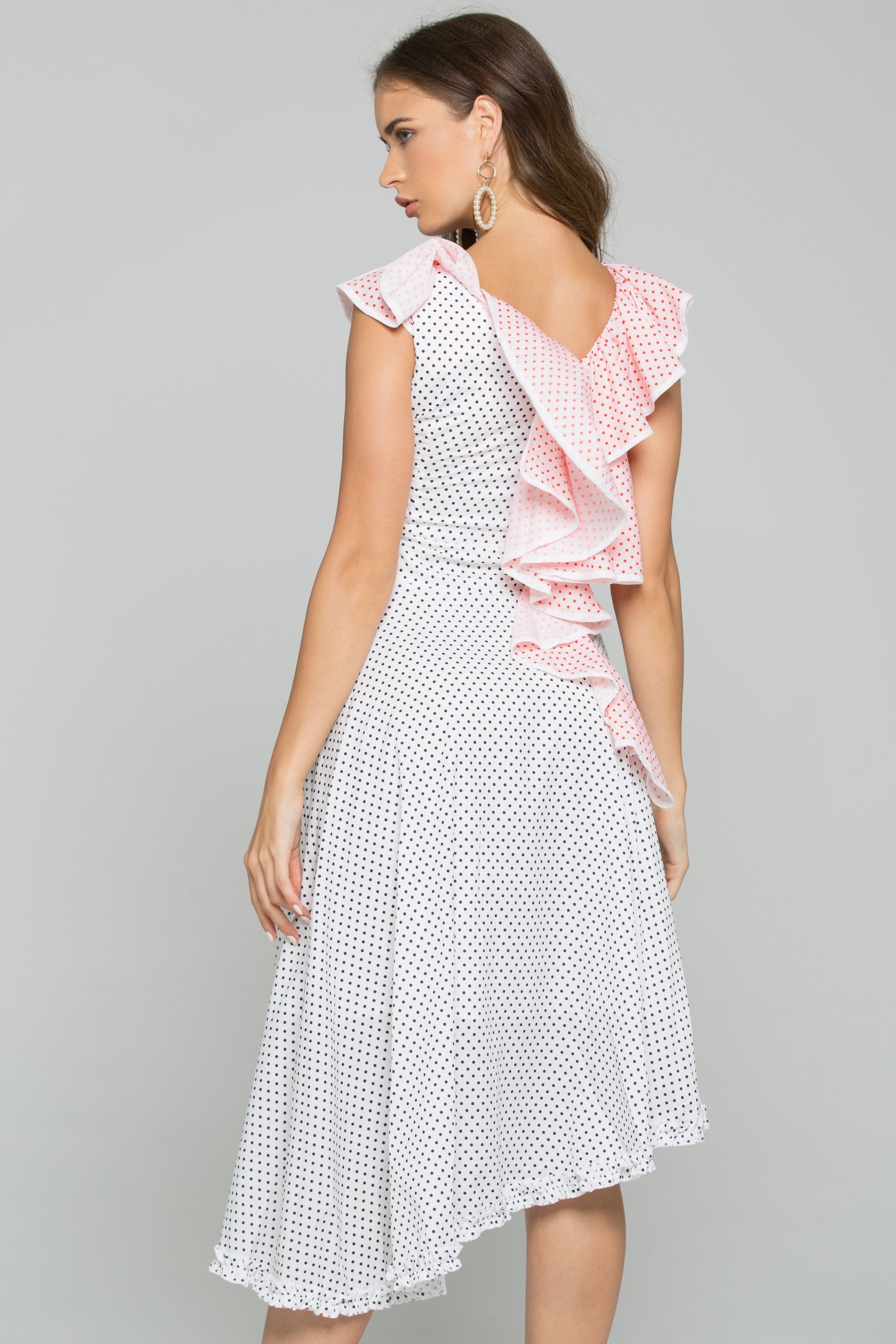 White and Red Polka Dot Print Front Ruffle Belted Asymmetrical Midi Dress