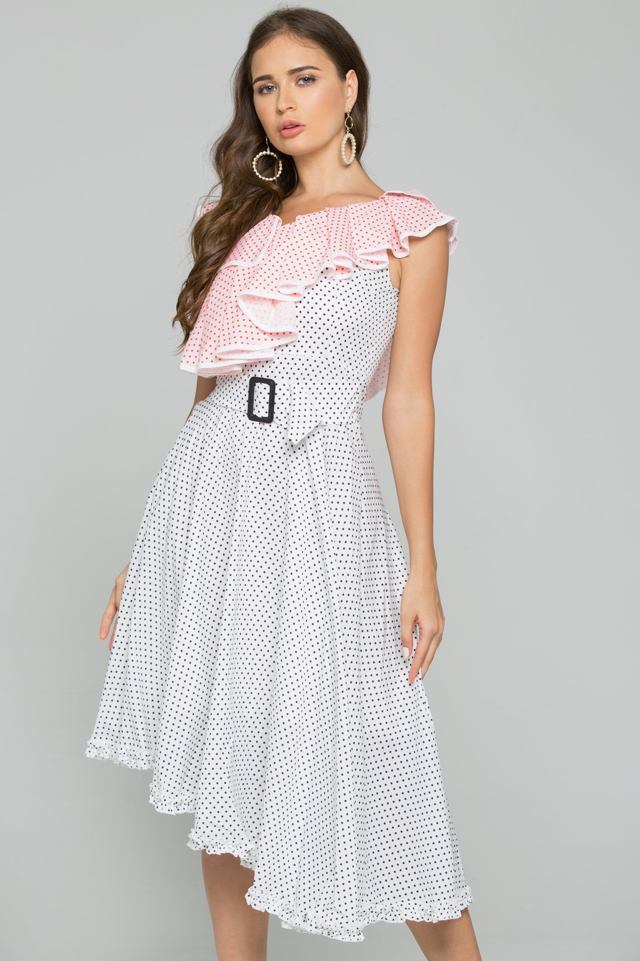 White and Red Polka Dot Print Front Ruffle Belted Asymmetrical Midi Dress
