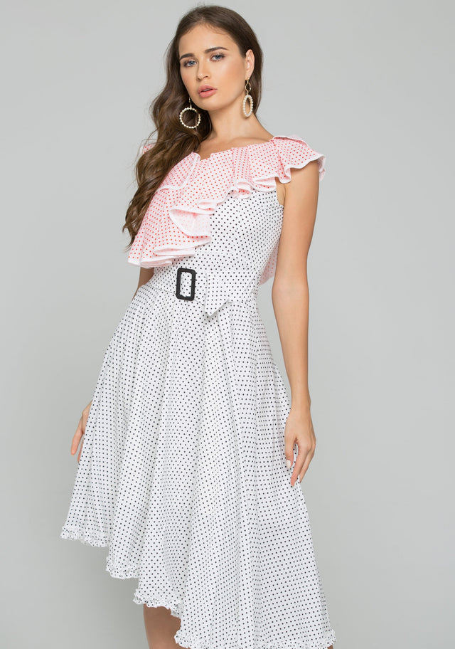 White and Red Polka Dot Print Front Ruffle Belted Asymmetrical Midi Dress