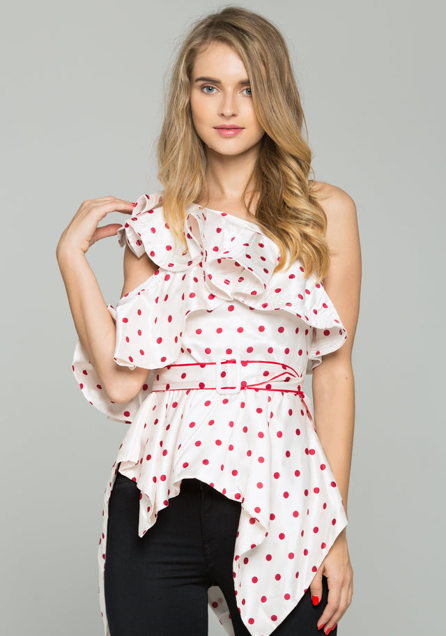 White and Red Polka dot One-shoulder Belted Top