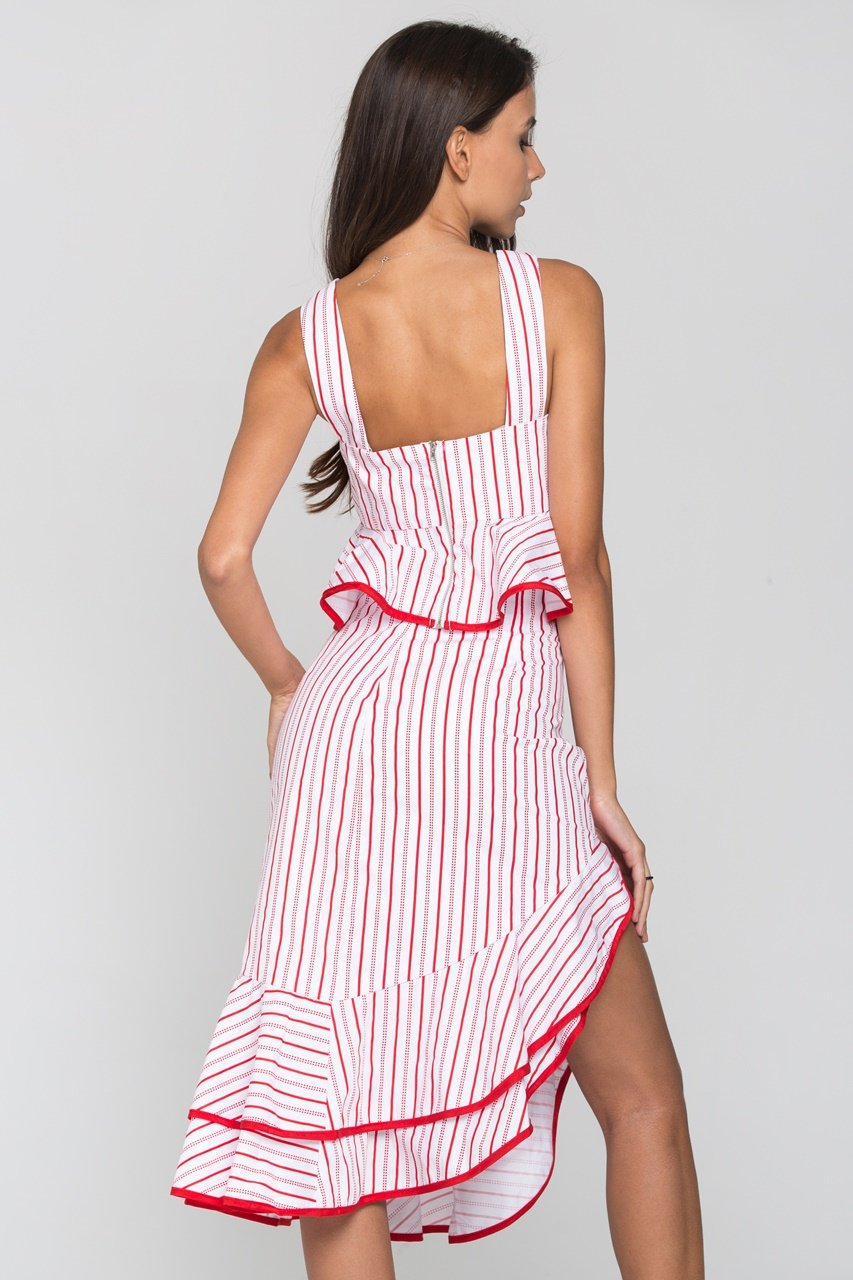 White and Red Stripe Ruffled Two Piece Midi Dress