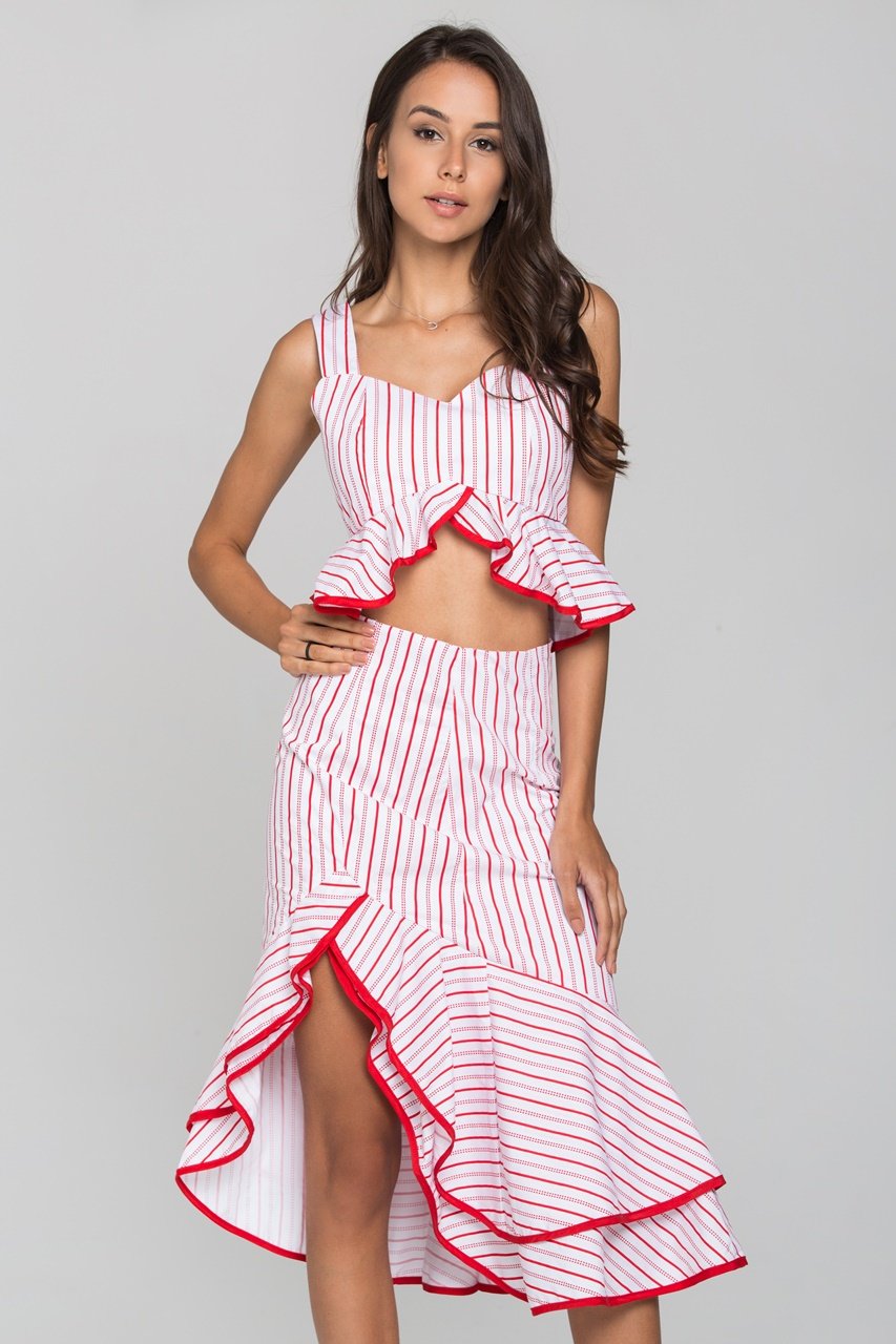 White and Red Stripe Ruffled Two Piece Midi Dress