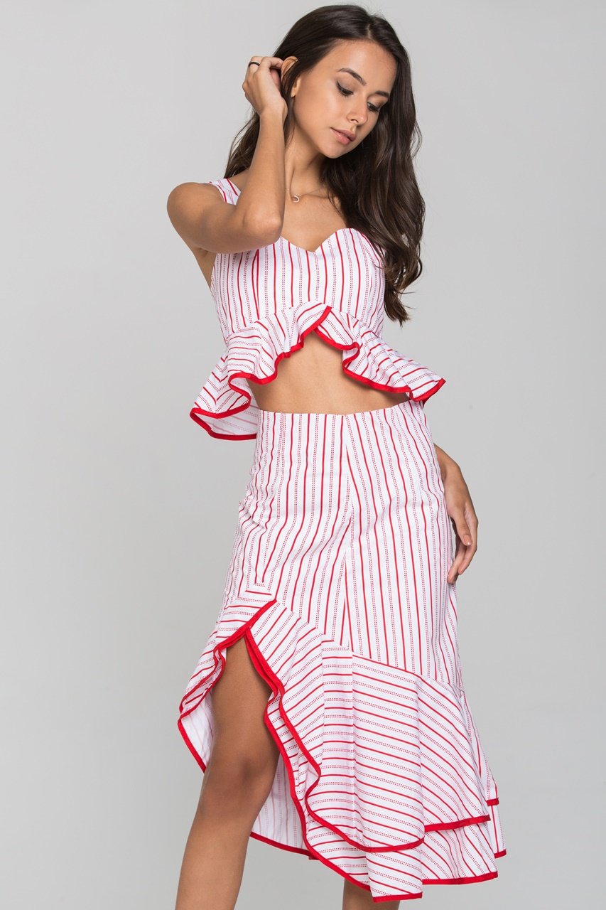 White and Red Stripe Ruffled Two Piece Midi Dress