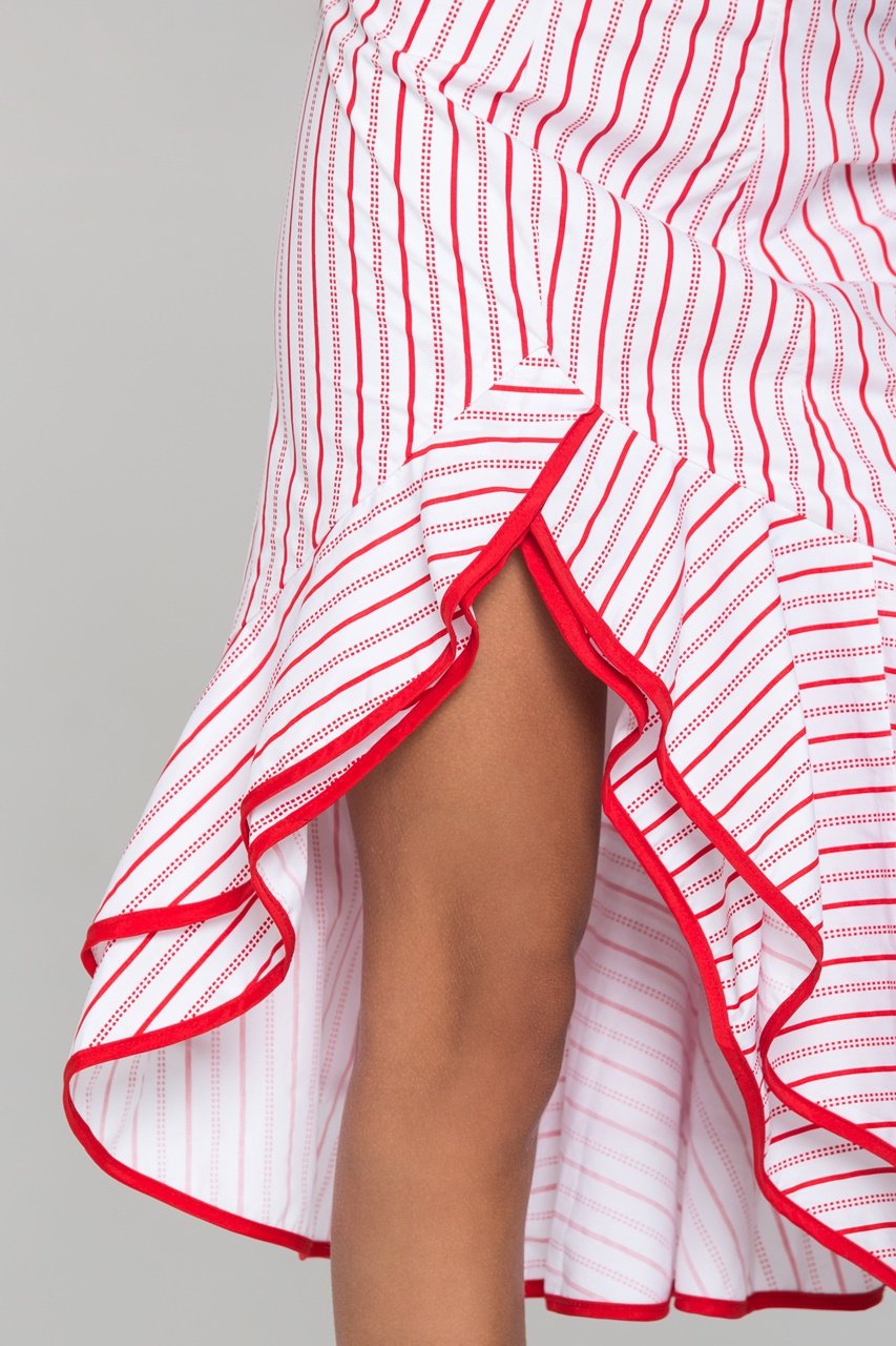 White and Red Stripe Ruffled Two Piece Midi Dress