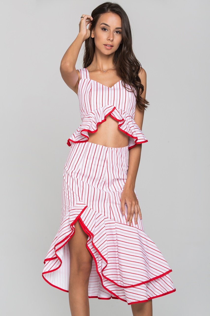 White and Red Stripe Ruffled Two Piece Midi Dress