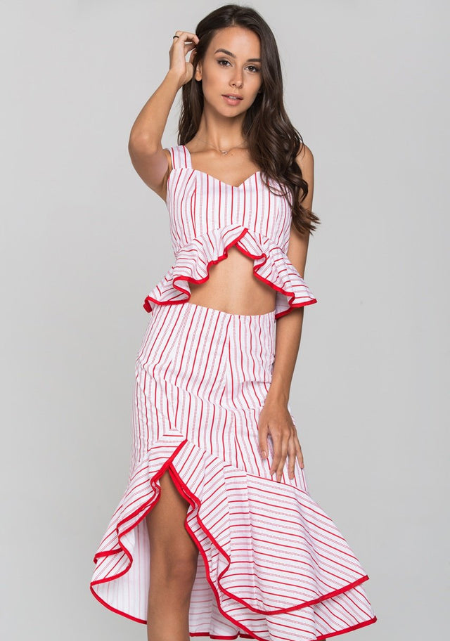 White and Red Stripe Ruffled Two Piece Midi Dress