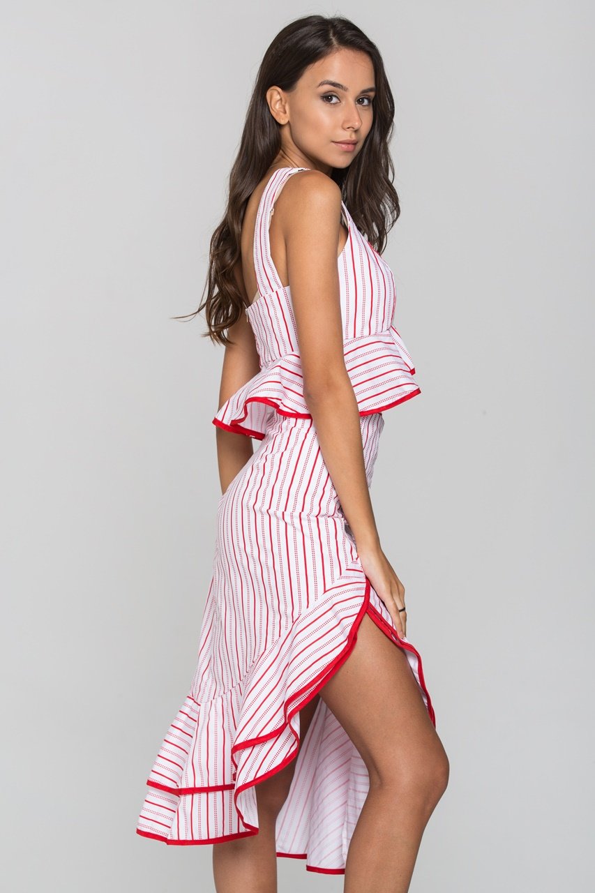 White and Red Stripe Ruffled Two Piece Midi Dress