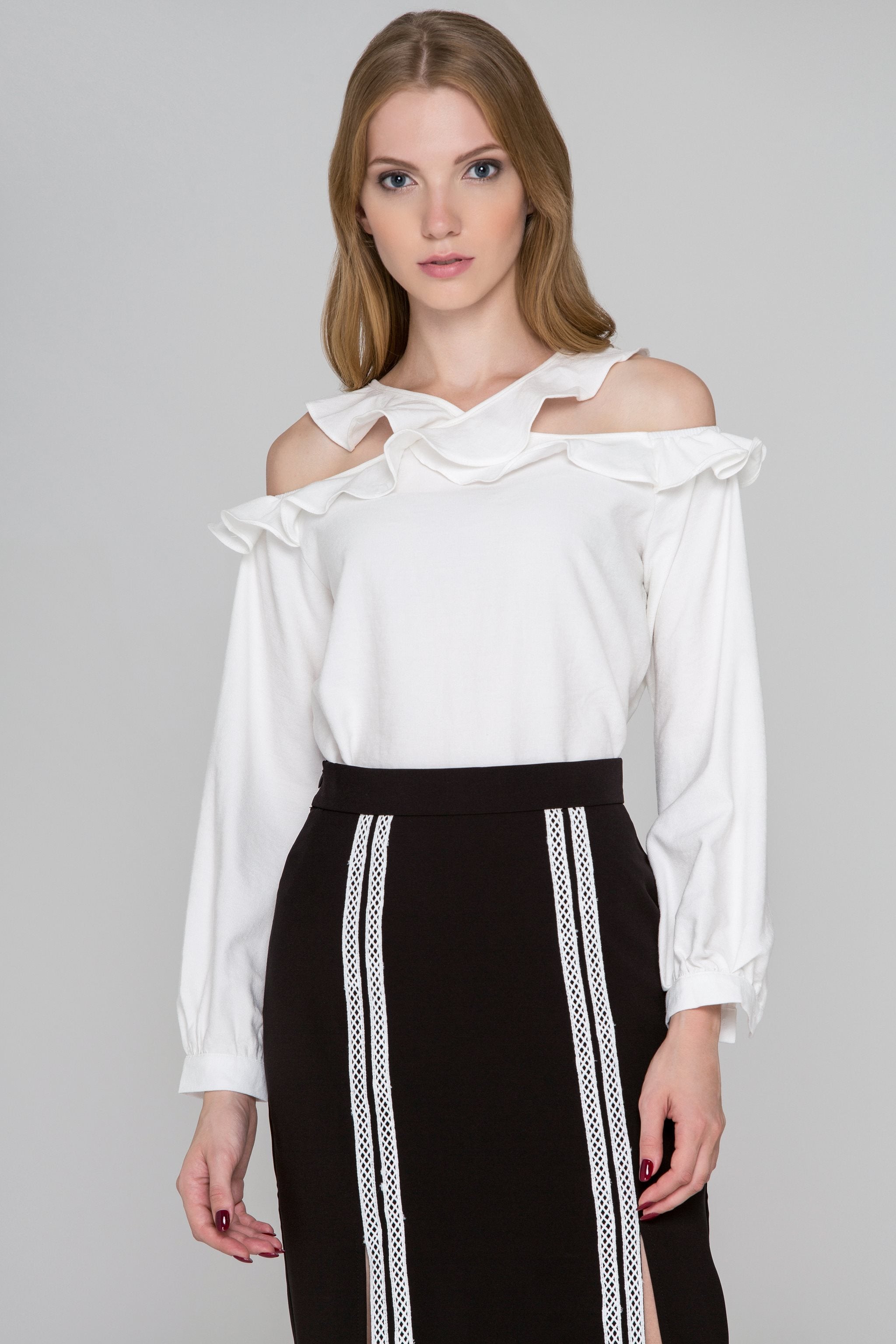 White Ruffle Strap Cold Shoulder Top