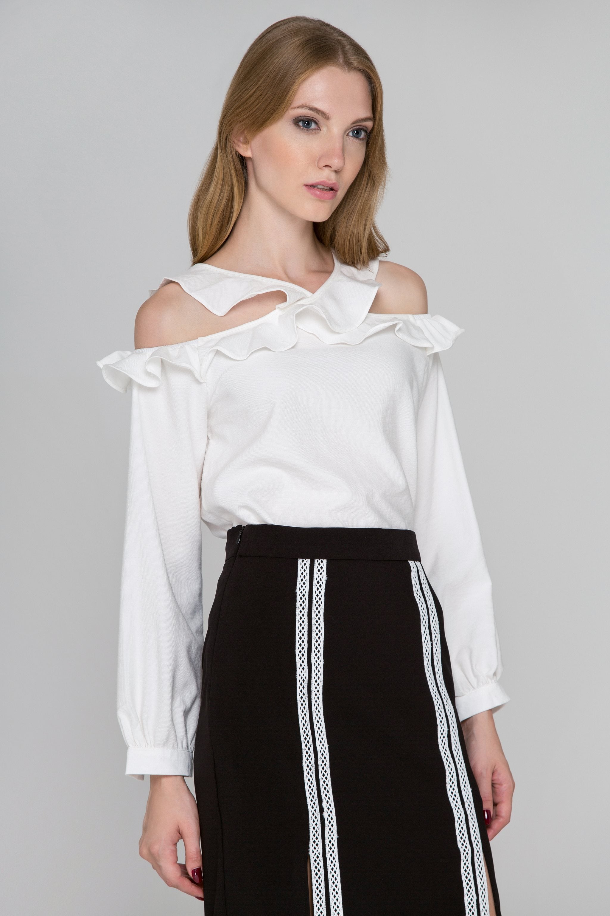 White Ruffle Strap Cold Shoulder Top