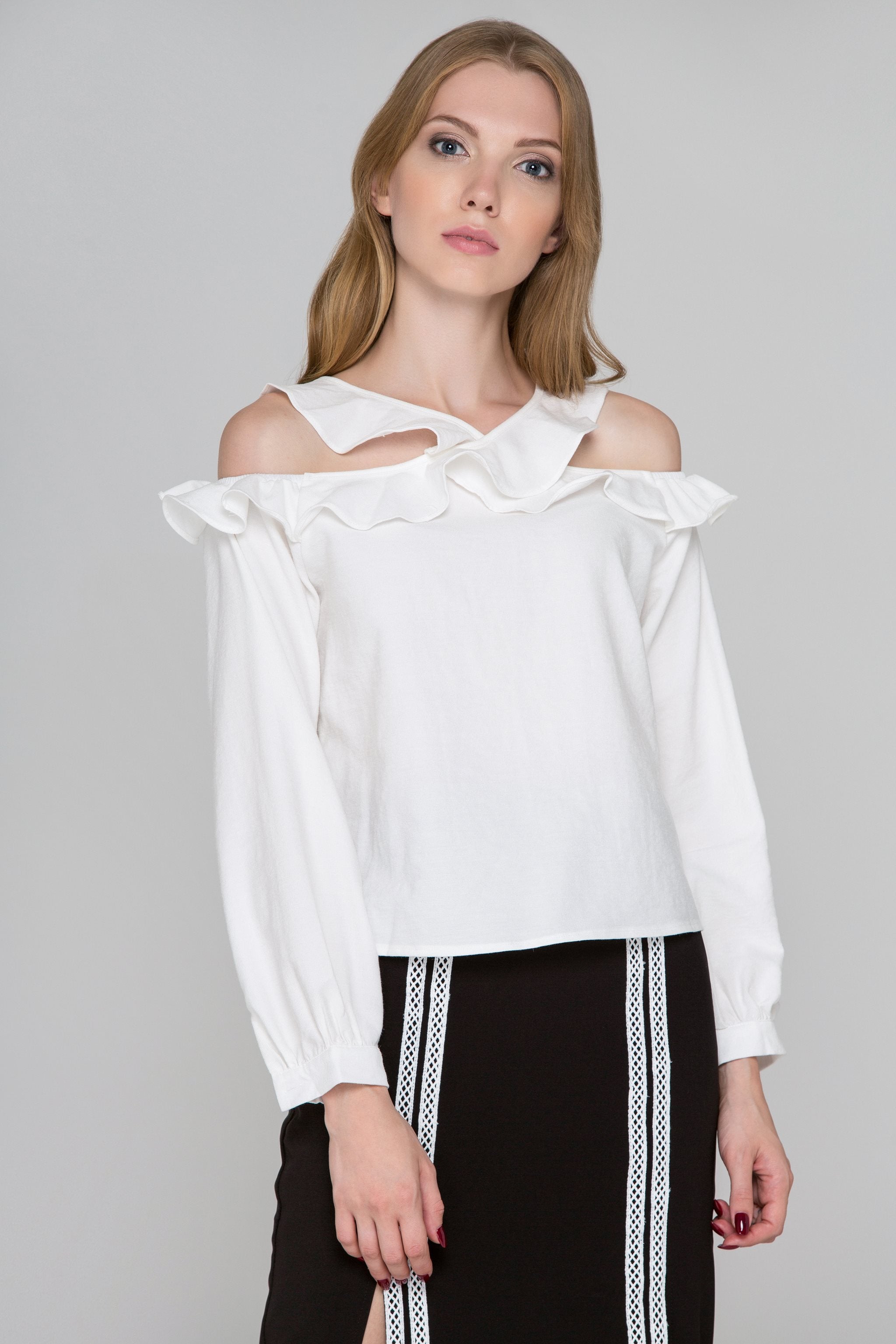 White Ruffle Strap Cold Shoulder Top