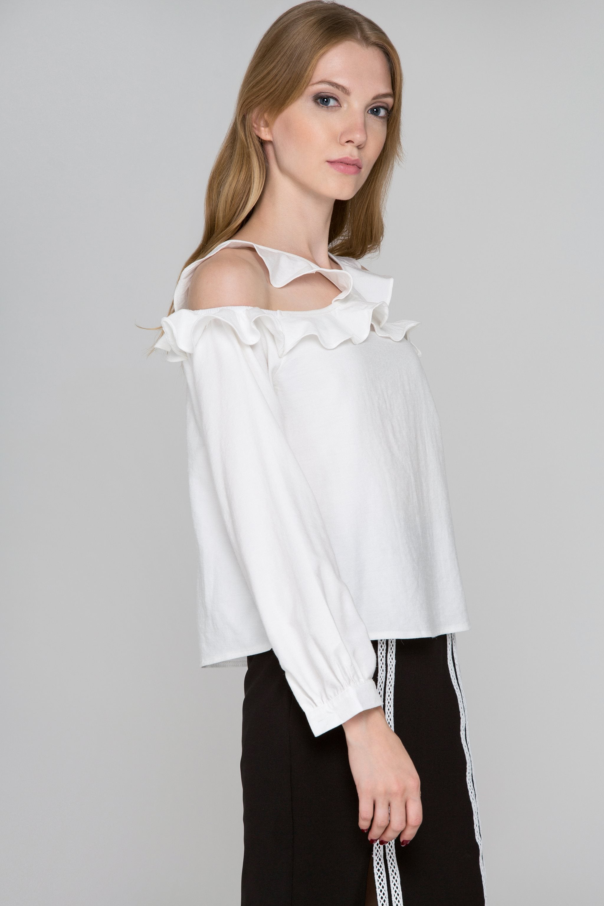 White Ruffle Strap Cold Shoulder Top
