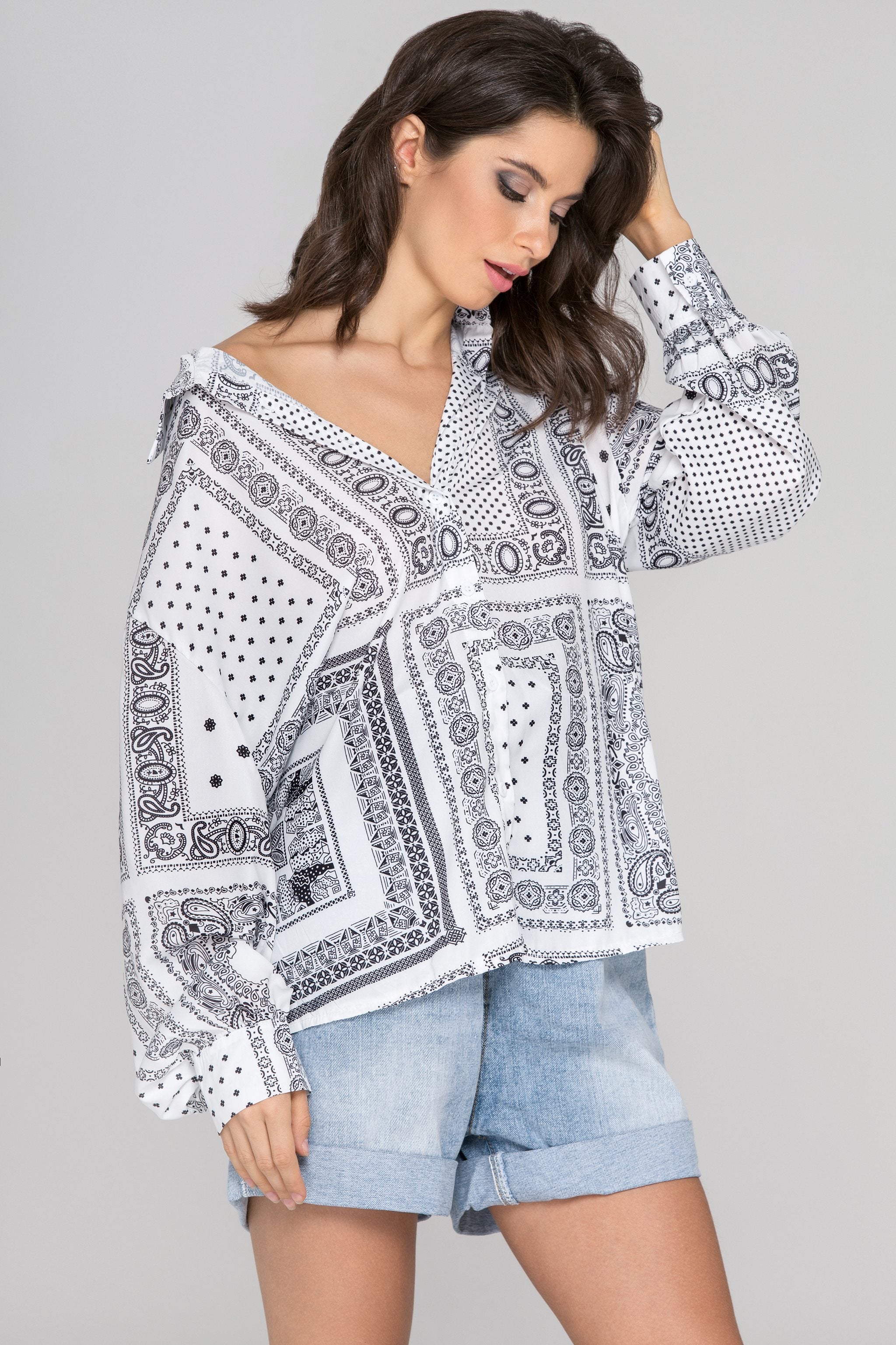White Silk Button Up Bandana Top