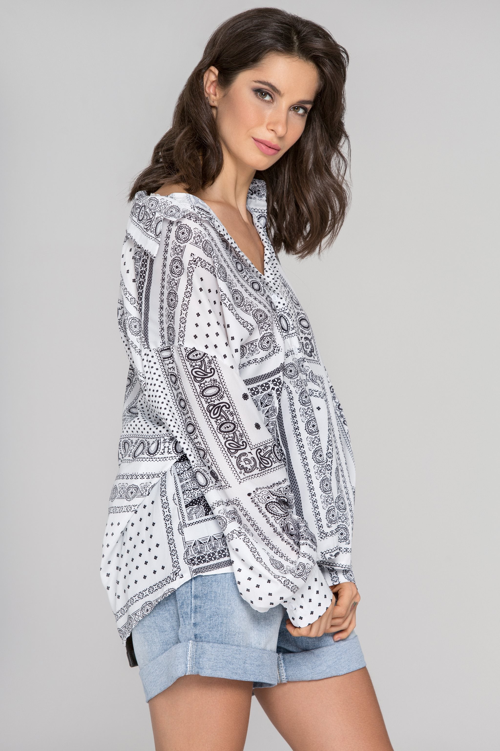 White Silk Button Up Bandana Top