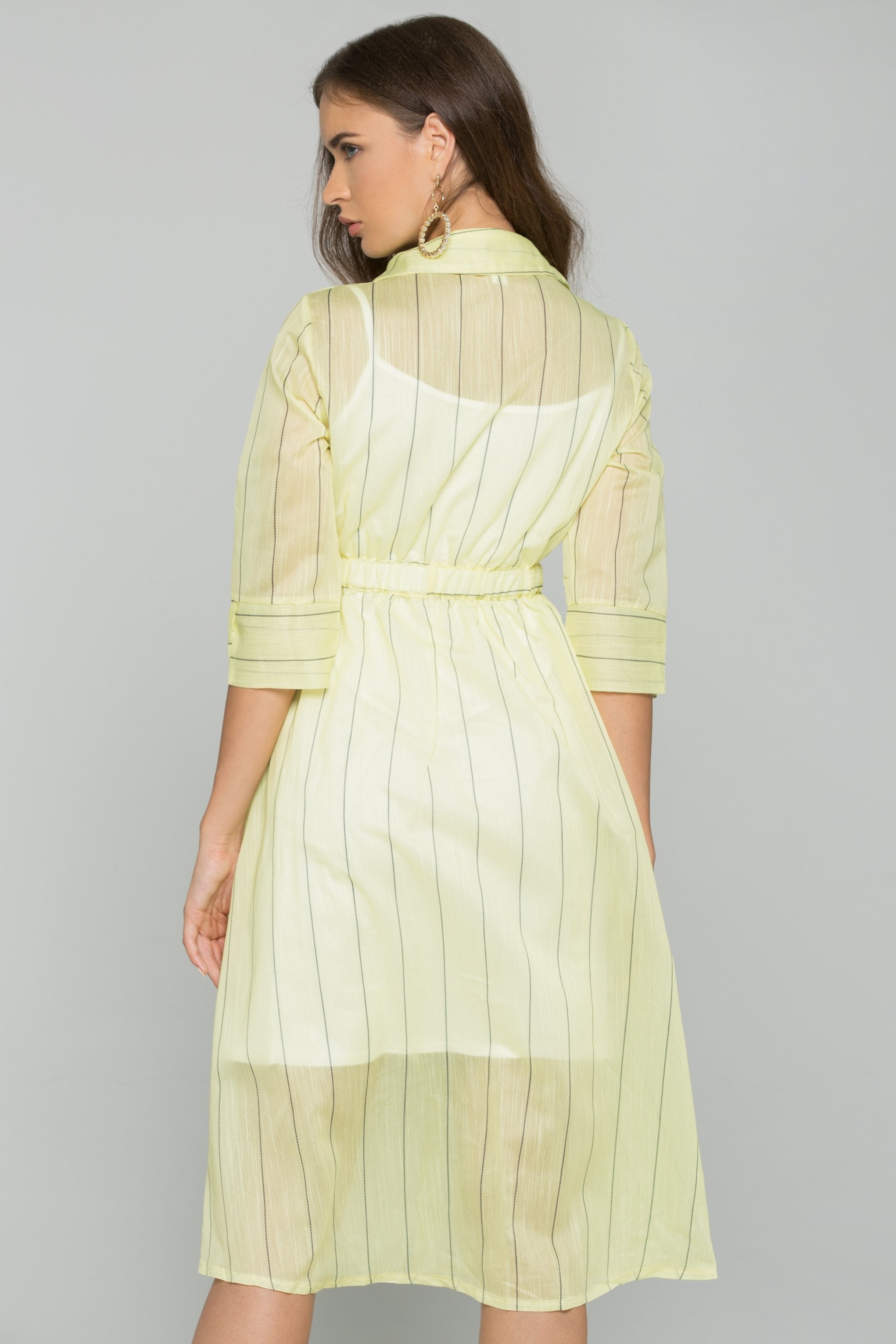 Yellow Cotton Striped Button-Down Belt Strap Shirt Dress