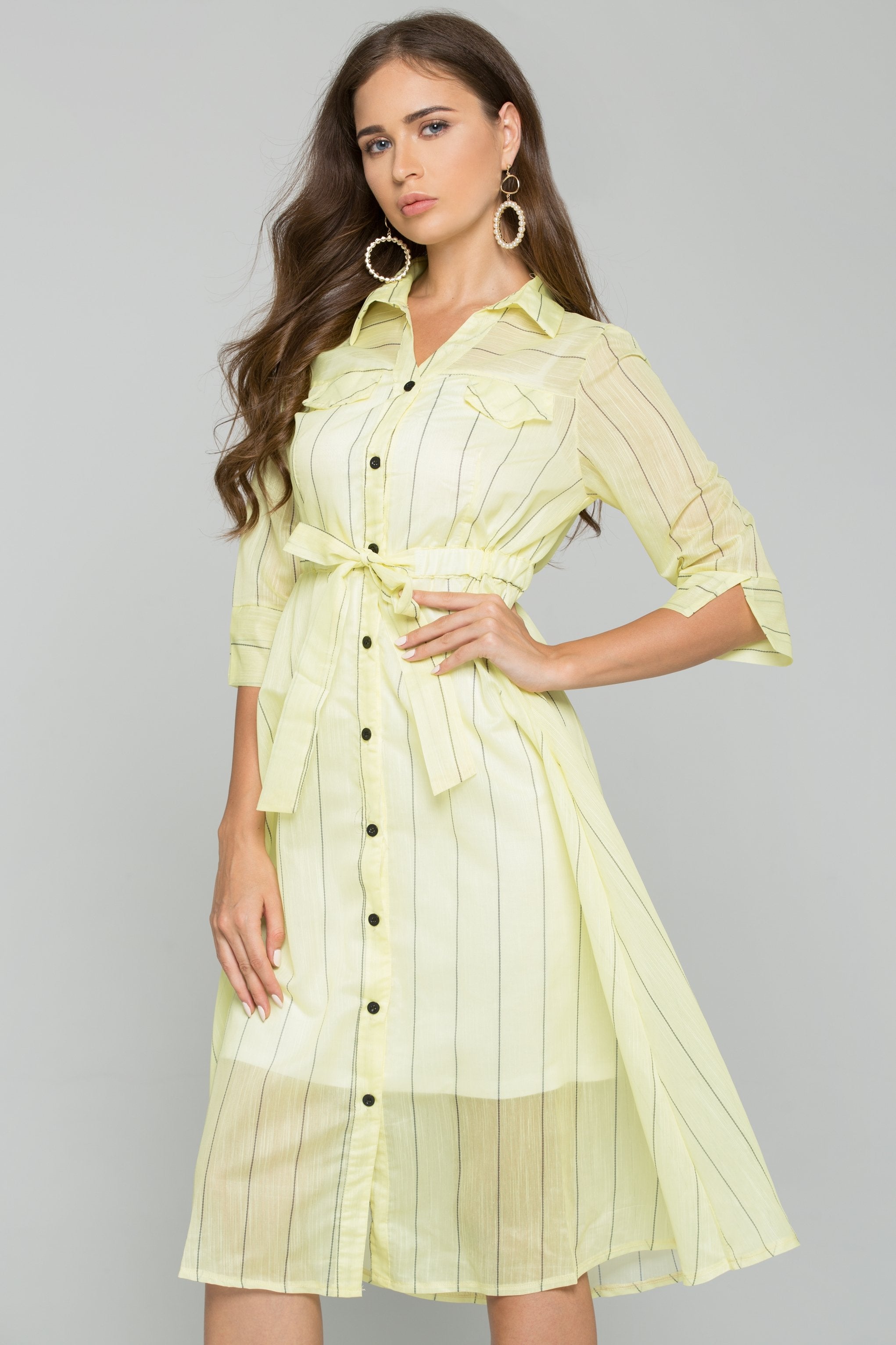 Yellow Cotton Striped Button-Down Belt Strap Shirt Dress