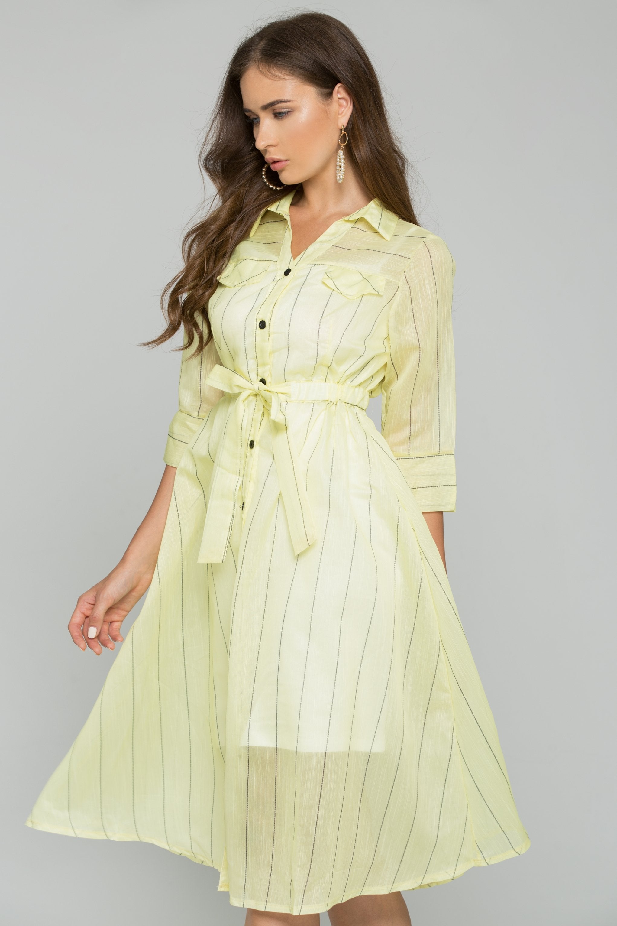 Yellow Cotton Striped Button-Down Belt Strap Shirt Dress