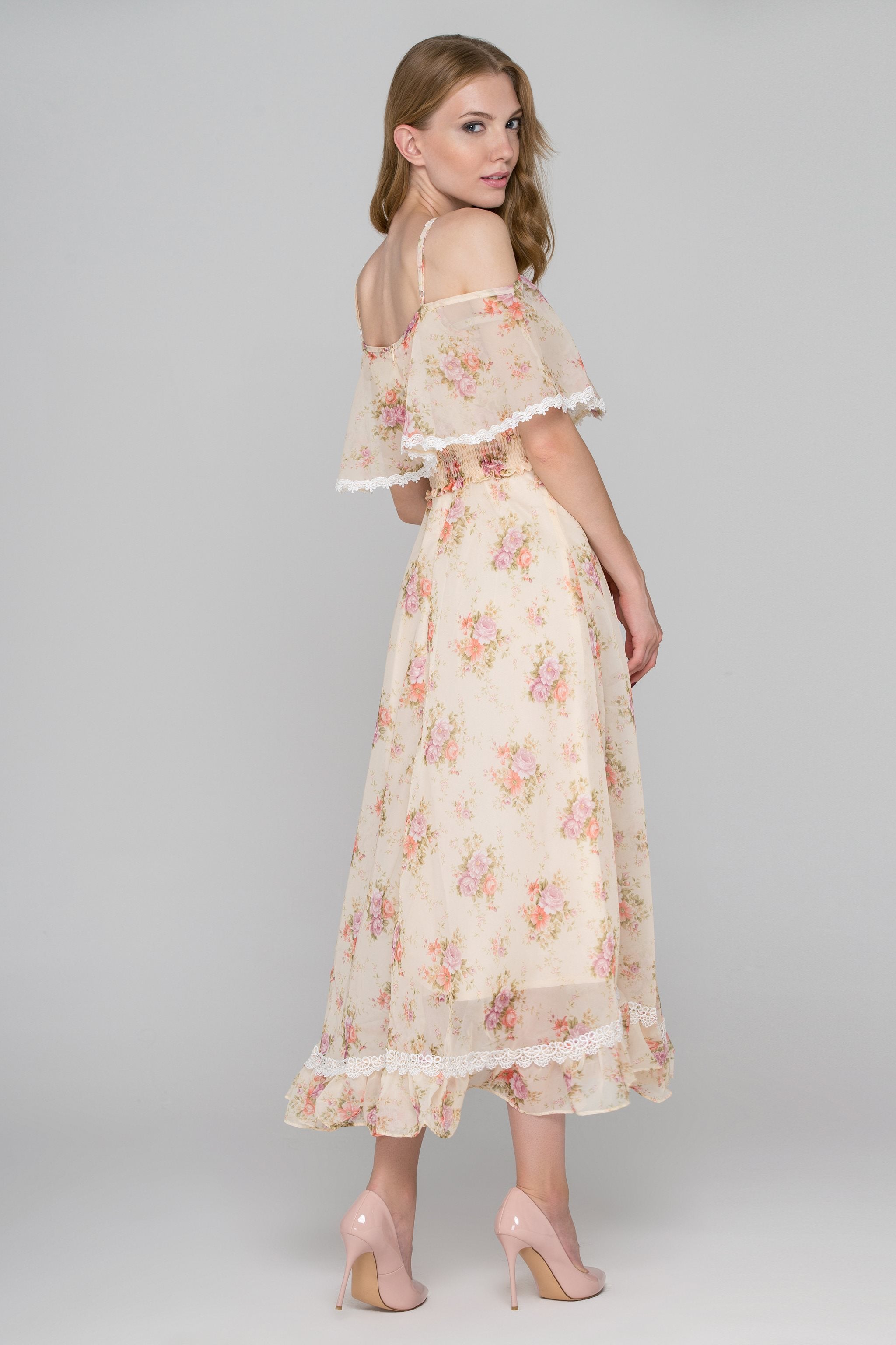Dana AlTuwairsh - Yellow Floral Print Cold Shoulder Maxi Dress