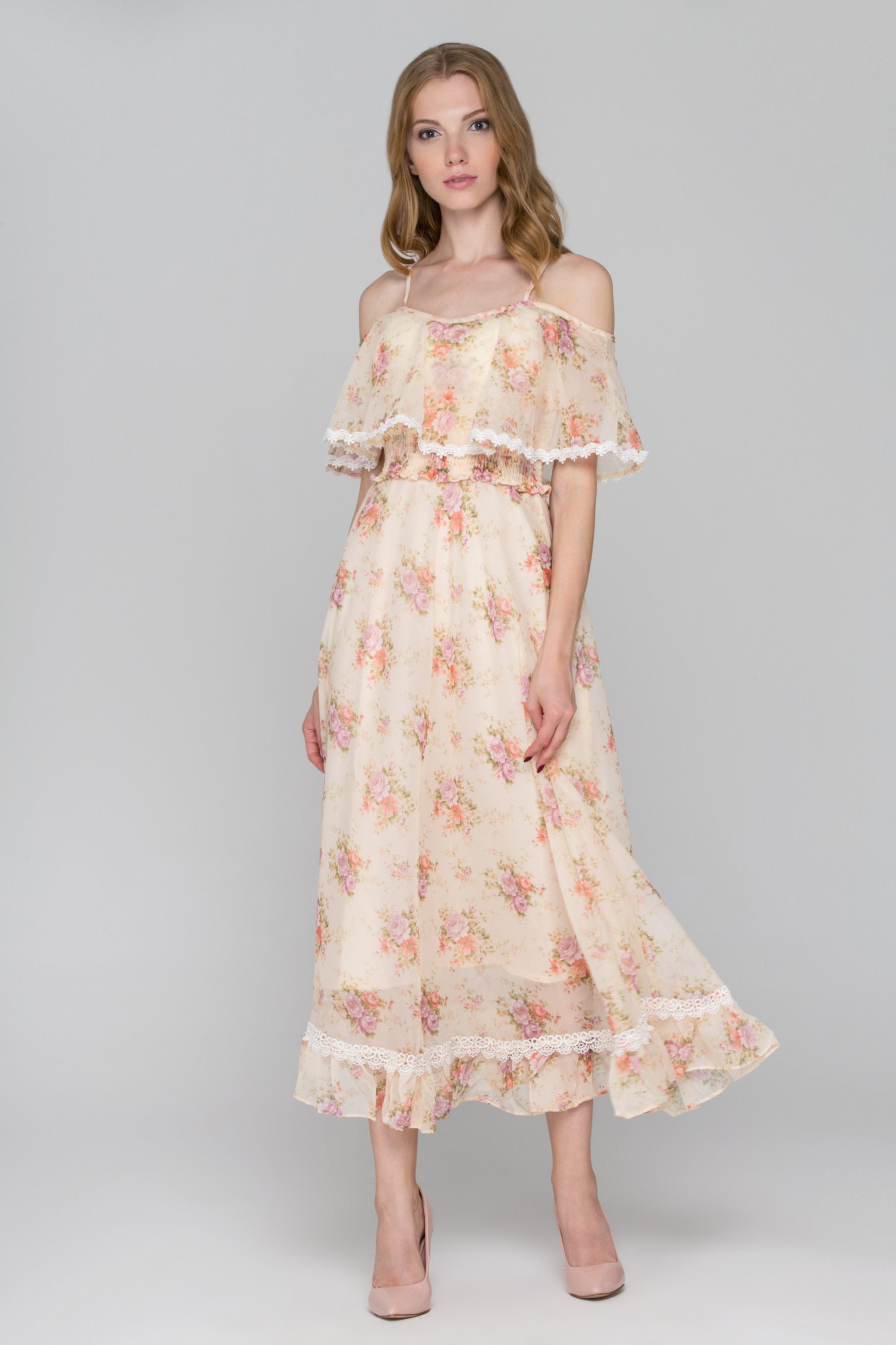 Dana AlTuwairsh - Yellow Floral Print Cold Shoulder Maxi Dress