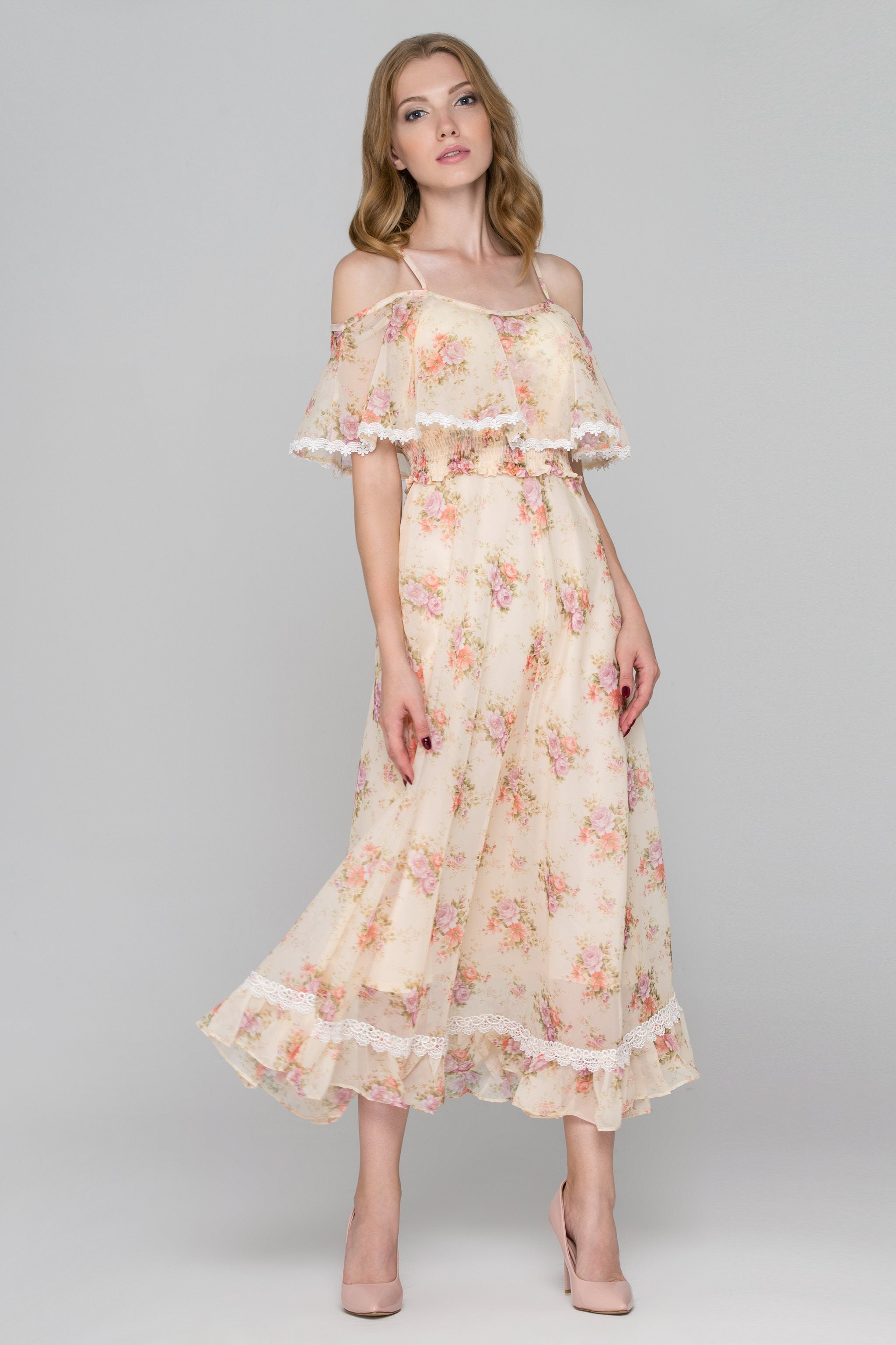 Dana AlTuwairsh - Yellow Floral Print Cold Shoulder Maxi Dress