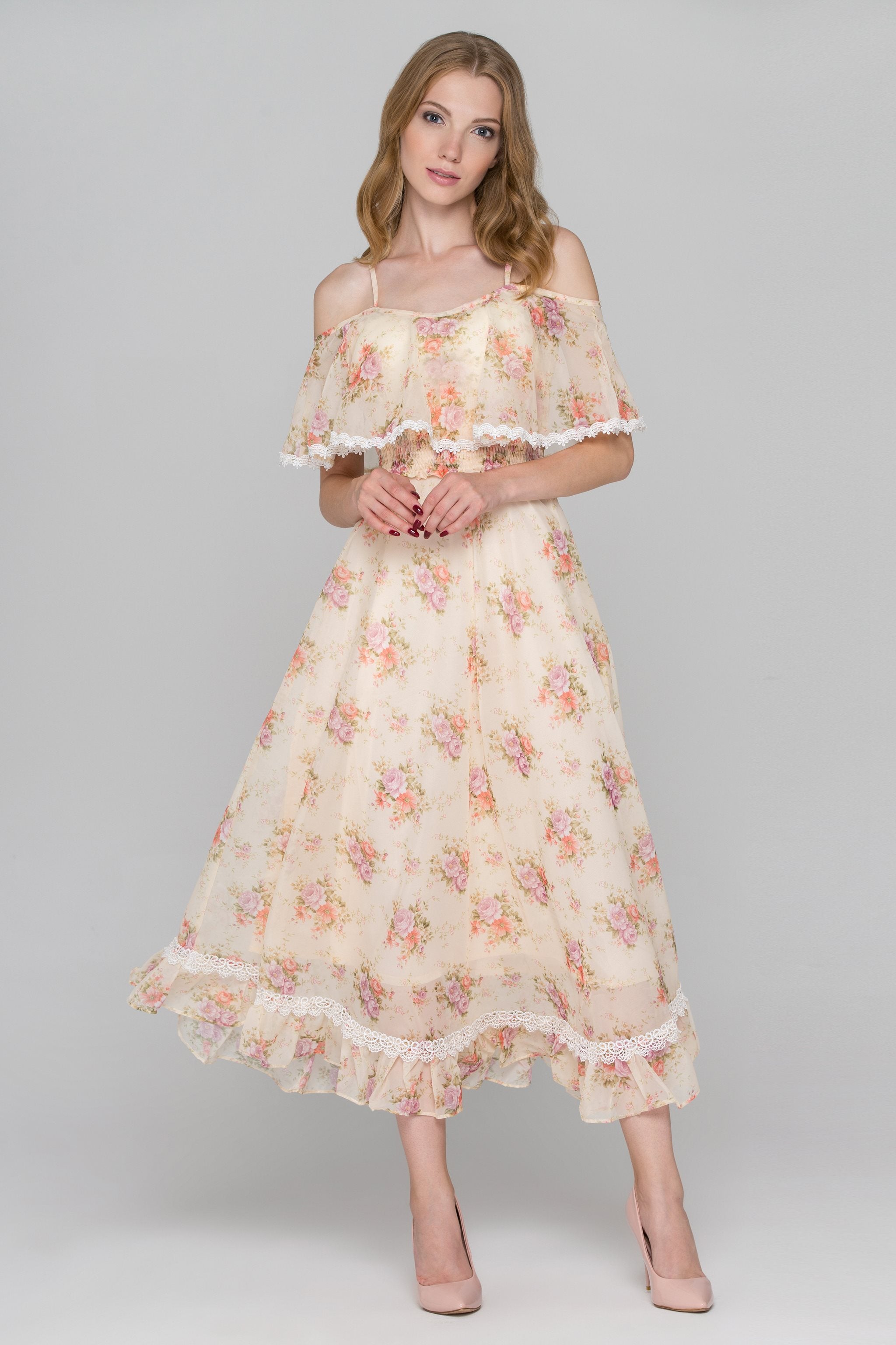 Dana AlTuwairsh - Yellow Floral Print Cold Shoulder Maxi Dress