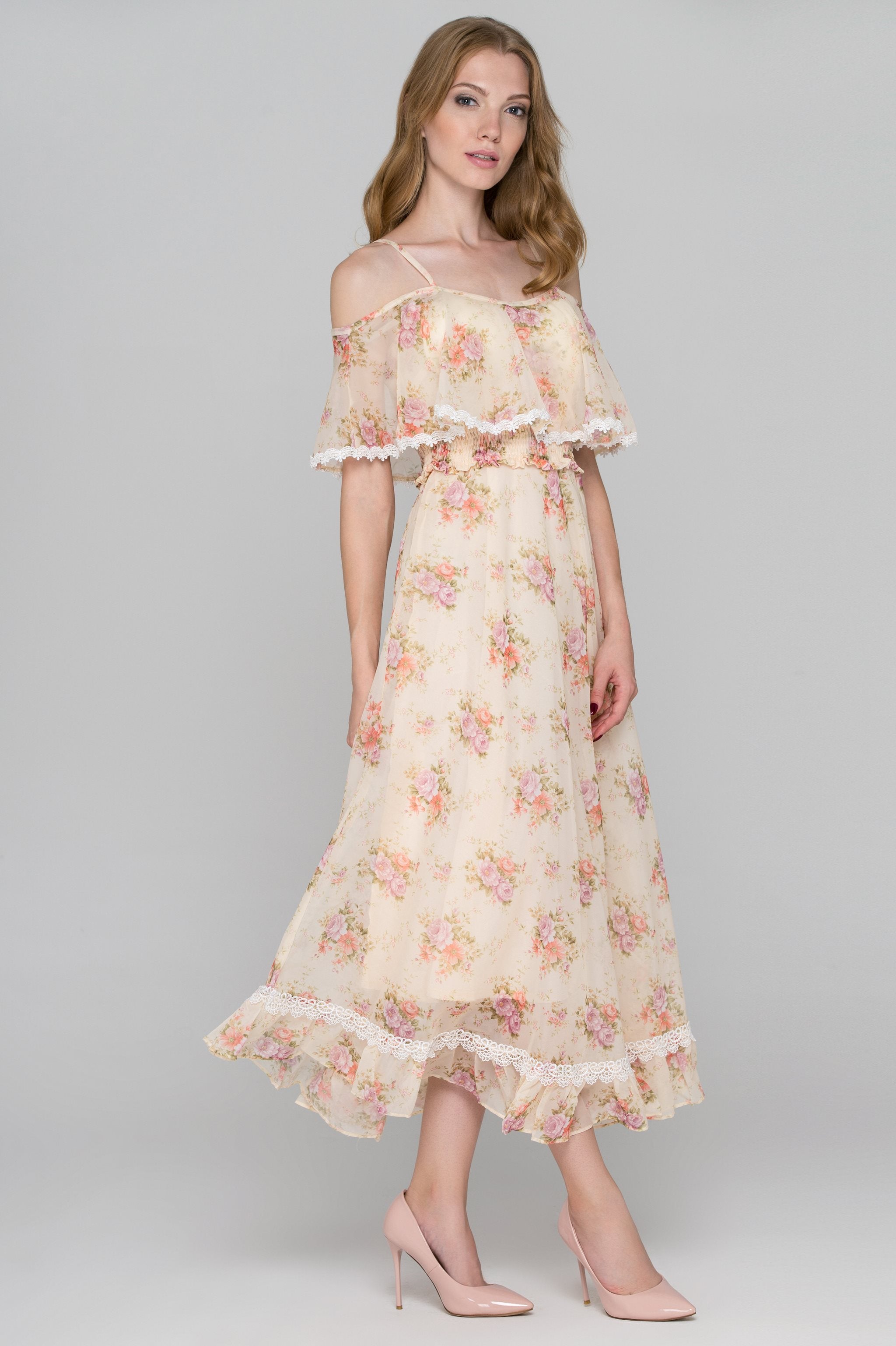 Dana AlTuwairsh - Yellow Floral Print Cold Shoulder Maxi Dress