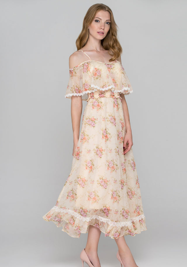 Dana AlTuwairsh - Yellow Floral Print Cold Shoulder Maxi Dress