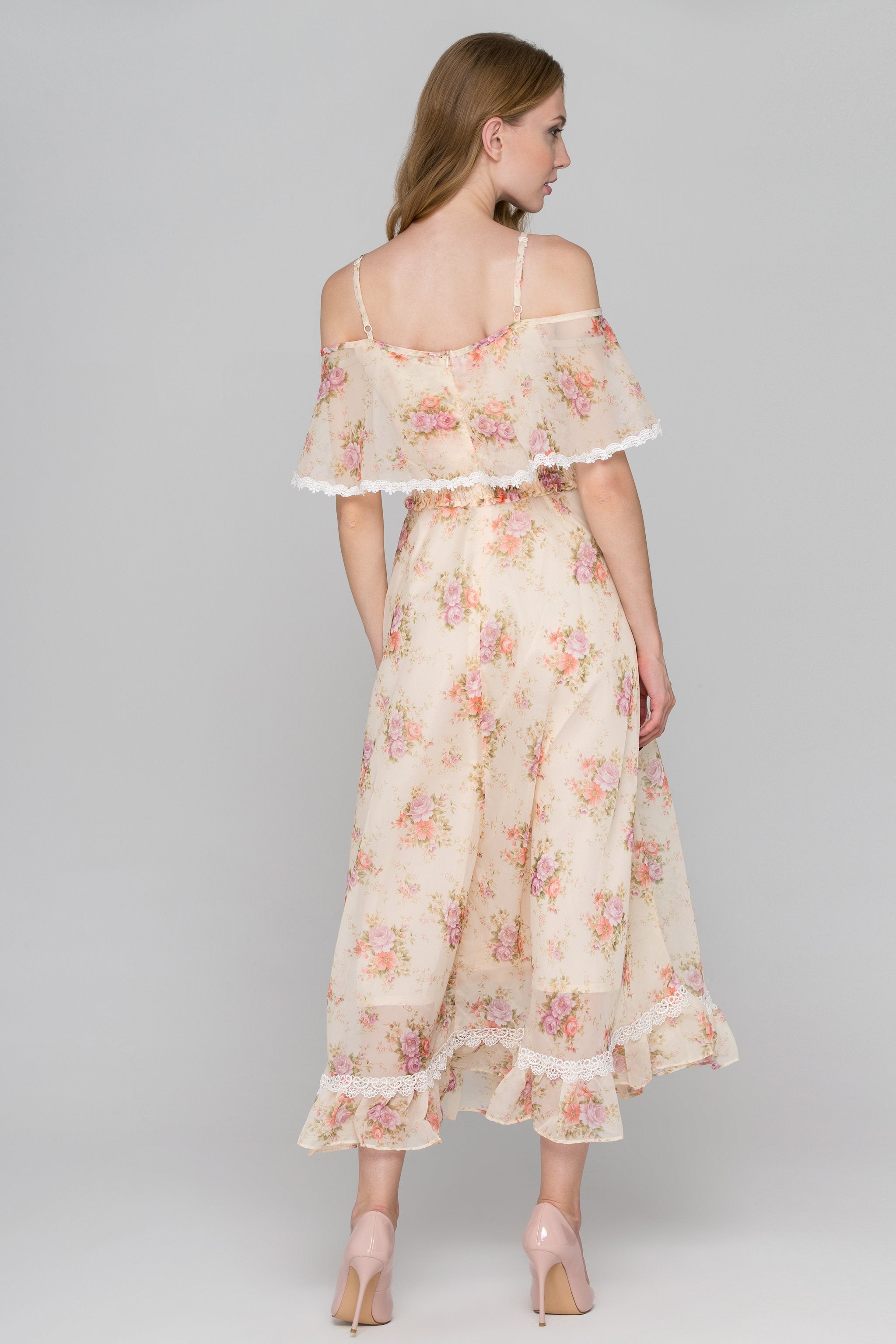 Dana AlTuwairsh - Yellow Floral Print Cold Shoulder Maxi Dress