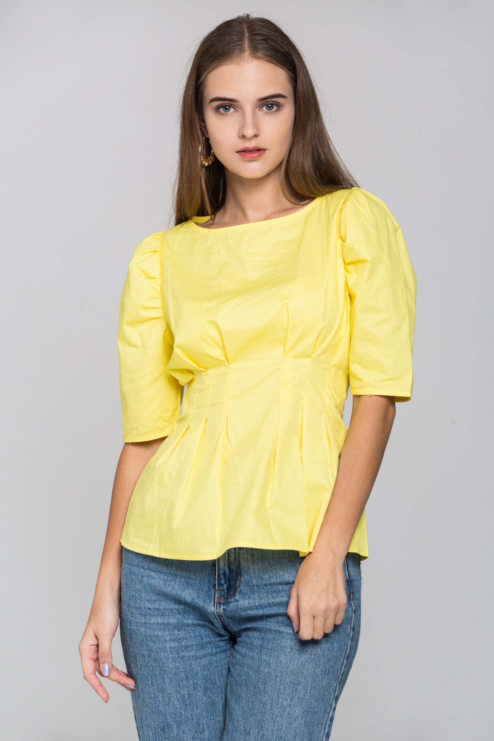 Yellow Pleated Waist Puff Sleeves Top
