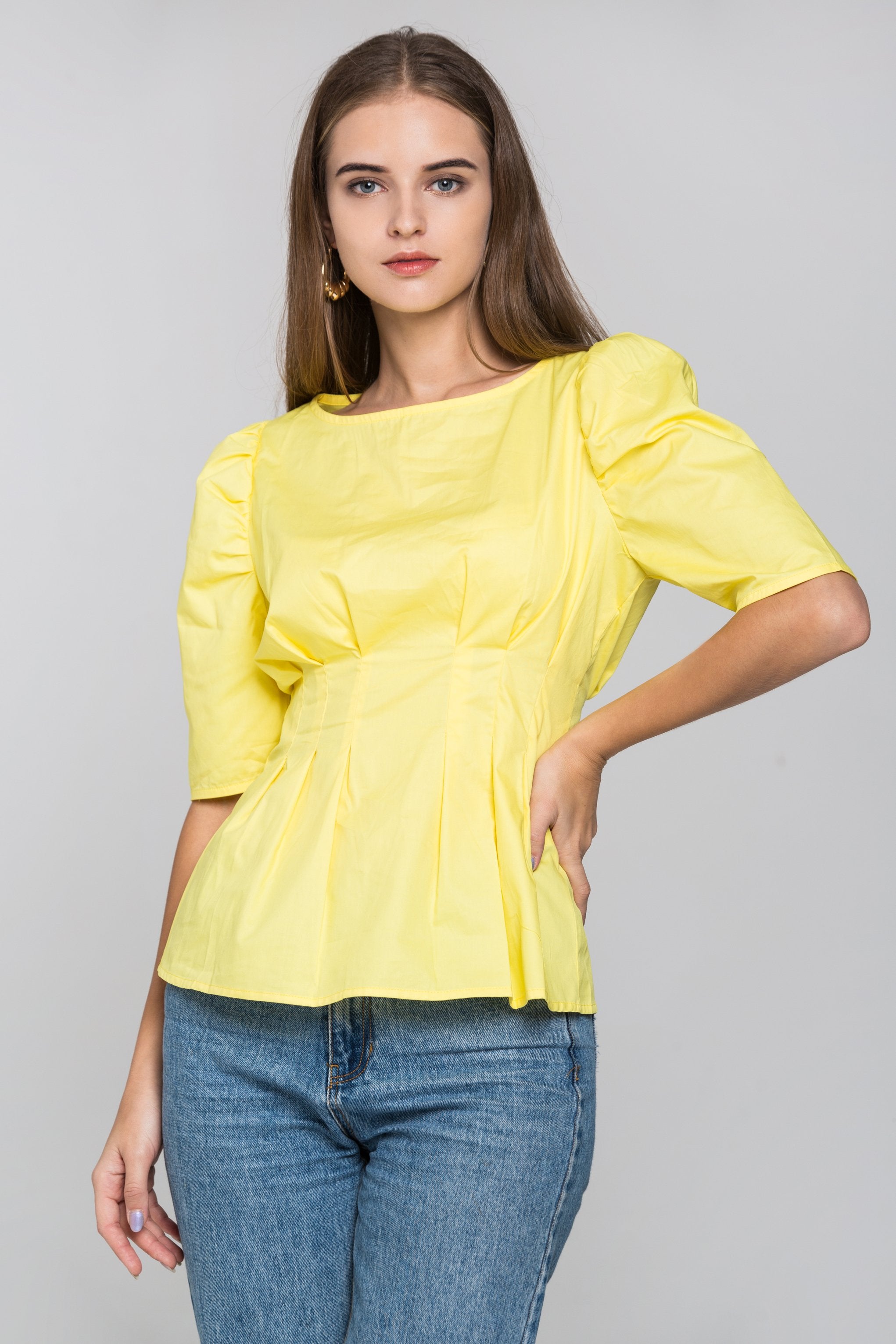 Yellow Pleated Waist Puff Sleeves Top