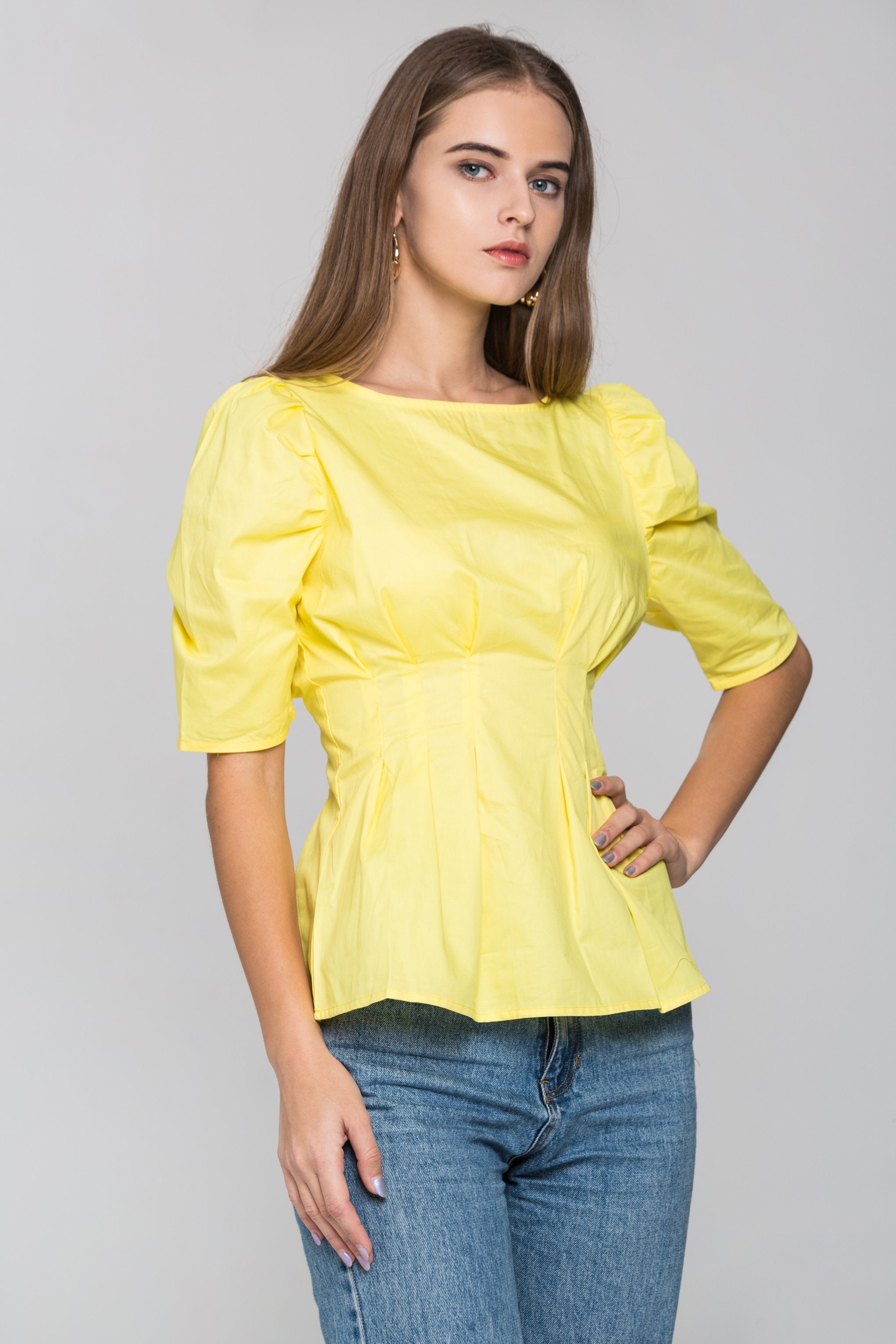 Yellow Pleated Waist Puff Sleeves Top
