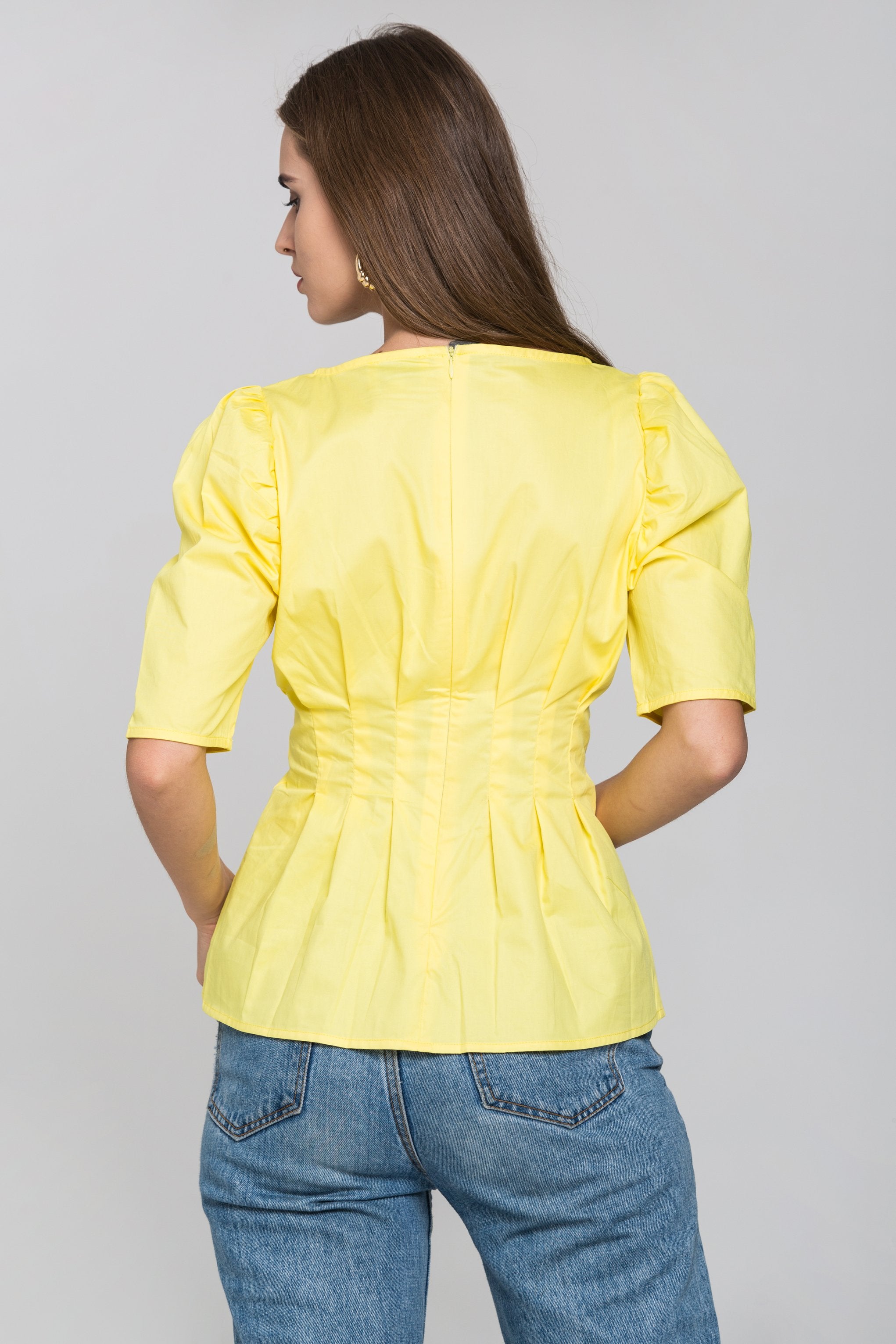 Yellow Pleated Waist Puff Sleeves Top